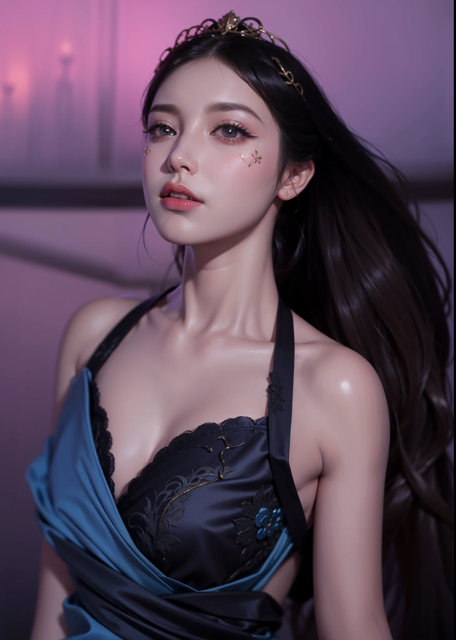 (es) , Diane Foxington is standing alone in a night club, surrounded by blurred out figures. The mood is serious, with a touch of loneliness conveyed through her expression. Her eyes are fixed on the viewer, drawing them into the scene.