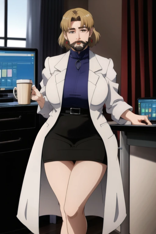 fake mustache, big mustache, mustache,large mustache,  thick beard, big beard, long beard, solo, sitting, office chair, desk, computer, coffee mug, short hair, large lips, bangs, blonde hair, brown eyes, blue shirt, huge cleavege, huge breasts, labcoat, pencil skirt, earrings, high heels, mole under eye, makeup, lipstick, red lips, legs crossed, thick legs, sexy legs, leaning over, holding cigarette 