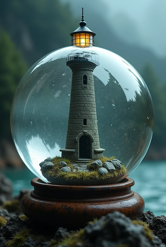 photoillustrasion image of a lighthouse in a glass ball, macro shot with Canon EOS 3000X f/400 ISO 2000