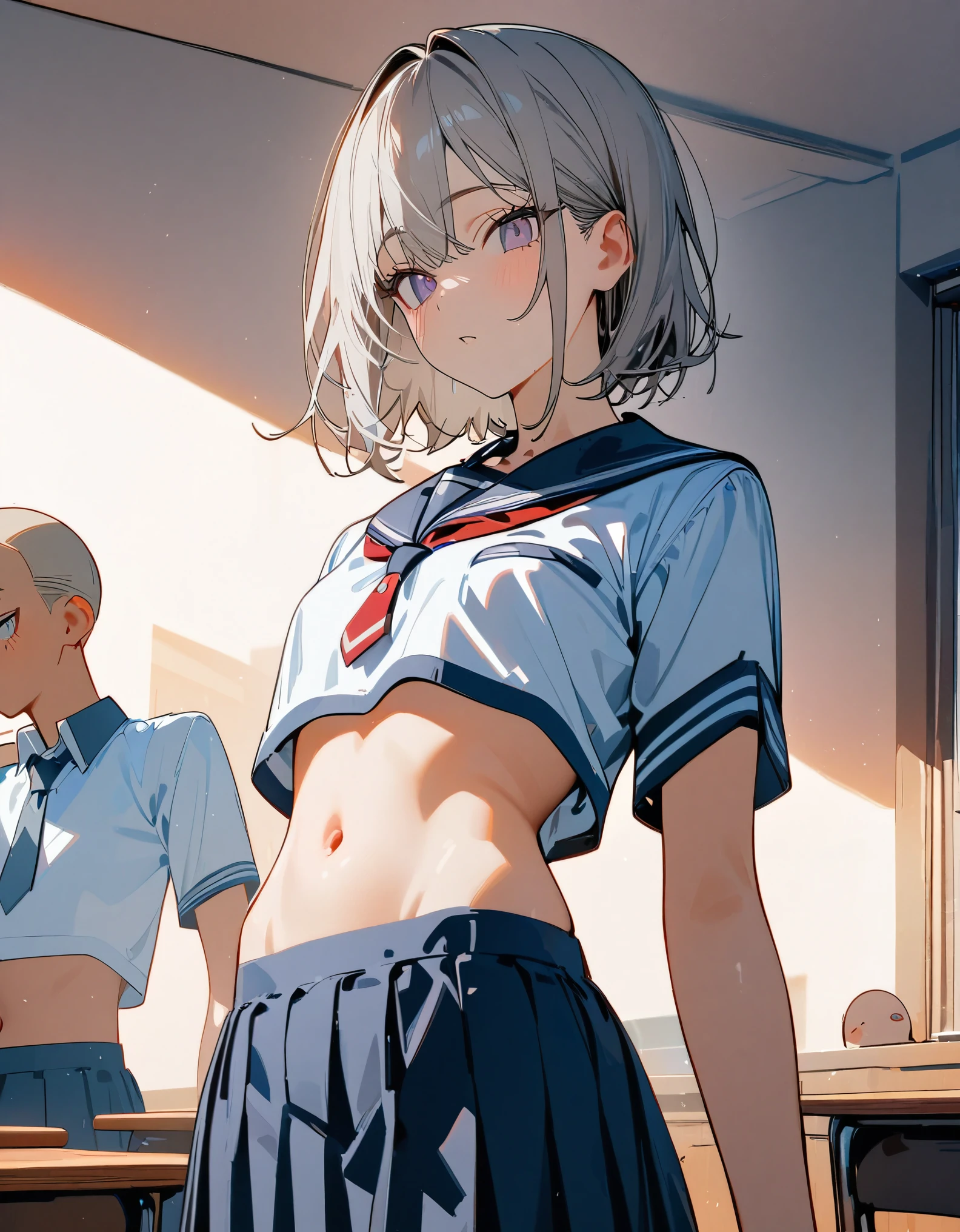 ((1 girl))、(smile:1.3)、small breastsのヌード、(cowboy shot)、(fun!!)、(white cardigan:1.5)、(blush:1.4)、(single braid)、Chest roll-up clothing,pull clothes,((flat chest:1.3))、((I can see your nipples:1.5)),(), No bra, (black skirt),look down, ((classroom:1.5))Upper body,classroomのシャツロールアップシャツセーター高解像度,look down, Upper body,Fair skin,classroom,small breasts,shaved pussy、
