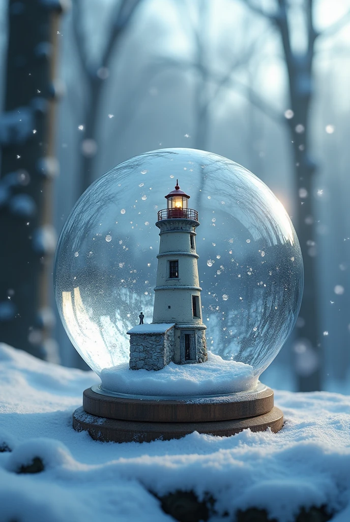 photoillustrasion image of a lighthouse in a crystal ball in the winter time where snow and snowflakes surround falling, macro shot with Canon EOS 3000X f/400 ISO 2000