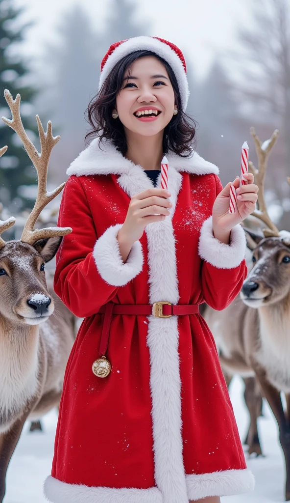 1girl wearing Santa suit, Santa juggling multiple candy canes in the air while trying to calm down overly excited reindeer pulling at her coat. (8k, top quality, masterpiece: 1.2), (realistic, photorealistic: 1.37), super detail,