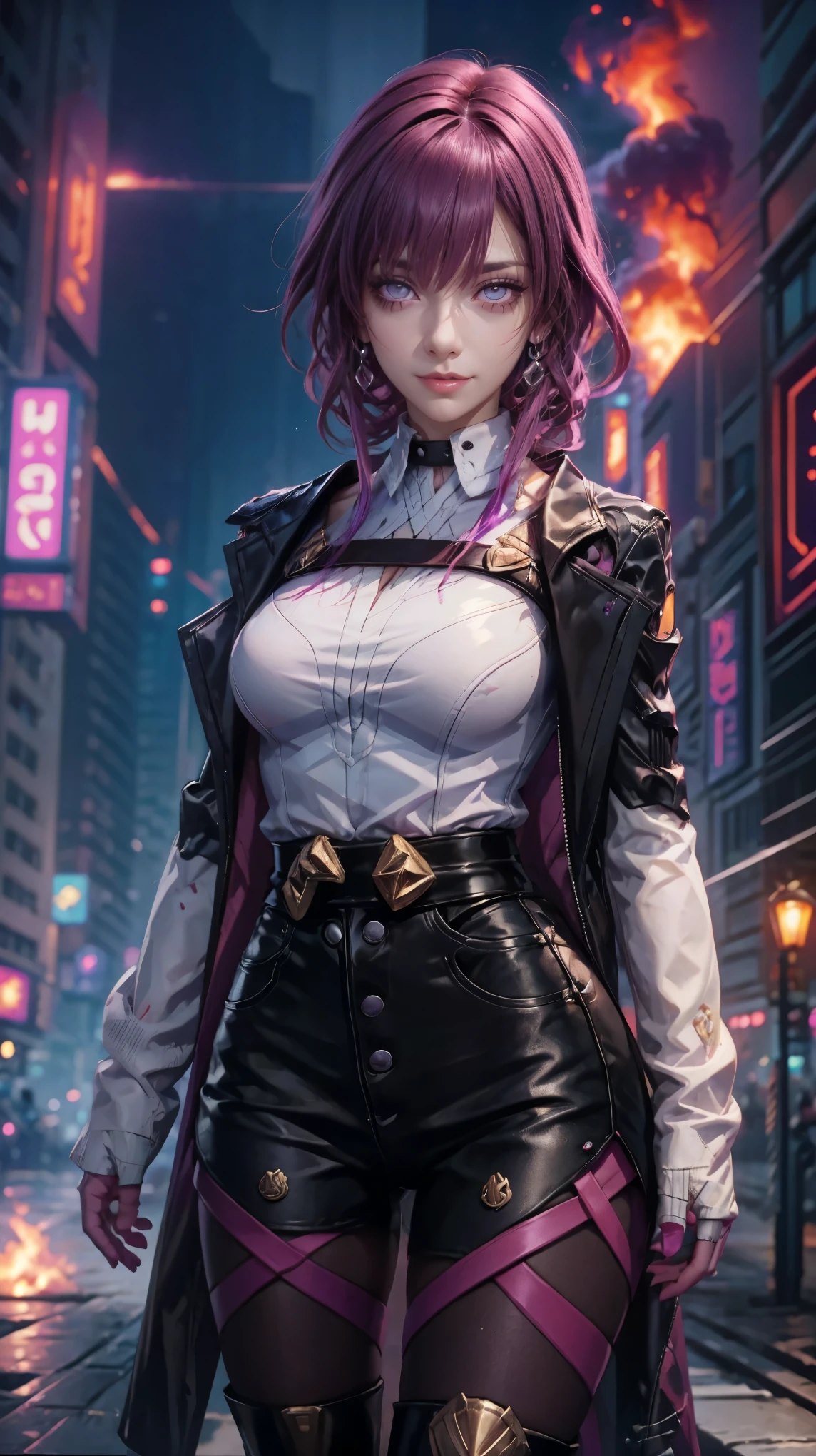 League of Legends girl style, a woman with purple hair, cyberpunk woman anime woman, potassium, Beautiful angry cyberpunk goddess, cyberpunk artstyle, cyberpunk anime digital art, cyberpunk anime art, Film Poster, girl portrait, cyberpunk anime art, cyberpunk themed art, cyberpunk dark fantasy, garota de League of Legends, 1 girl, short purple hair , short-hair, purple hair girl, shorth hair, burning place, white  shirt, dark red leather jacket, sideways, girl on an abandoned street, cabelo roxo, shorth hair, green eyes, Pink lips, standing, ultra detalhada, ​masterpiece, super verbose. garota de League of Legends. purple hair girl/Violette, girl in brown pants, white blouse, dark red leather jacket, estilo uma garota de Resident Evil em um burning place, spark, spheres of light, Film Poster, League of Legends, League of Legends style, Saw from arcane in an abandoned city, Everything is burning, fire everywhere, purple hair girl,  shorth hair 