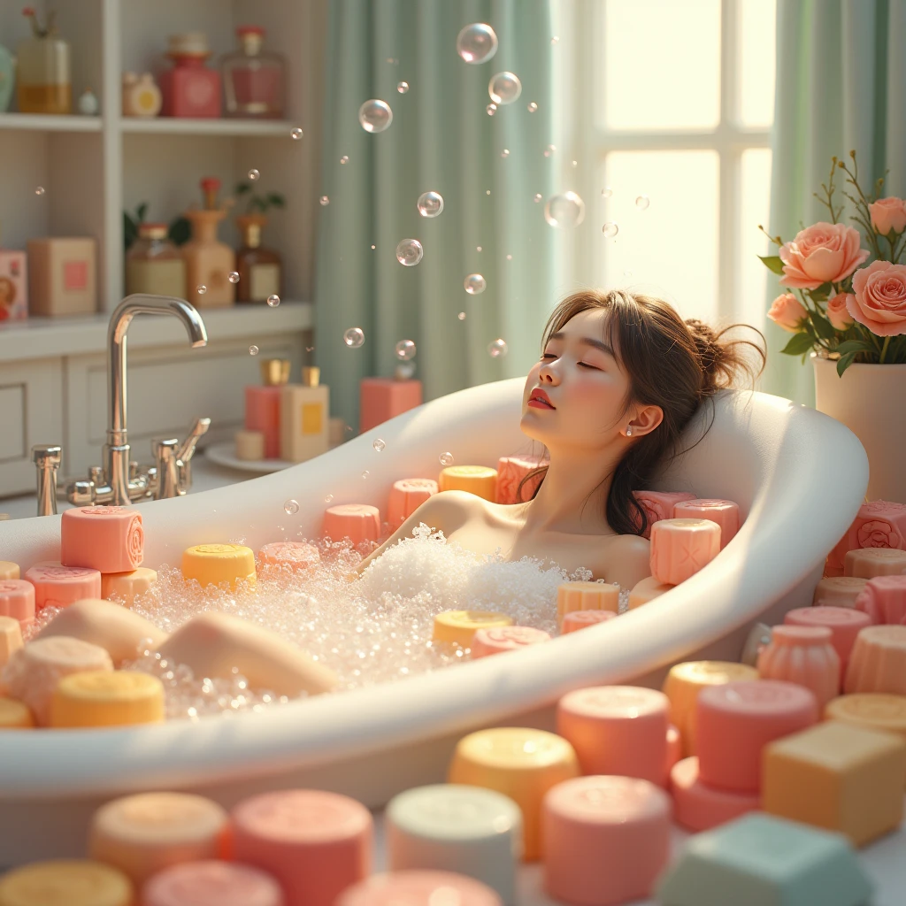 Girl Lying in Bathtub Filled All Over, Soap Bars, Bubbles Fly in the Air The Whole Room Is Very Beautiful and Detailed There Is a Mirror and Different Perfume Bottles, not nfsw