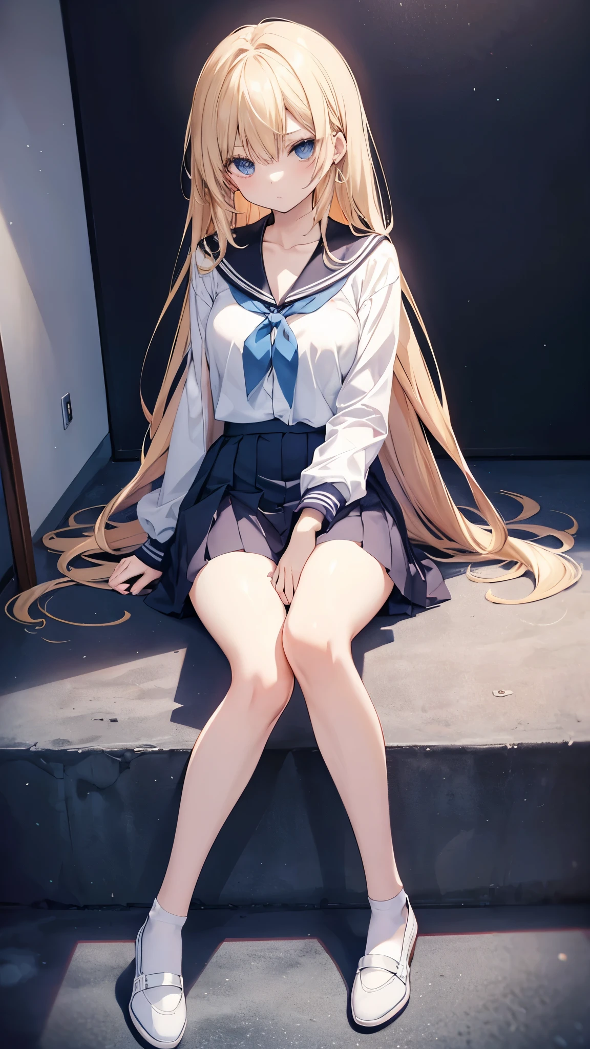 1 girl in、Cute Beautiful Girl、((Schoolgirl Uniform))、summer clothing、a miniskirt、((Sit on your knees on the floor))、(Golden hair)、()、((Striped panties))、Low perspective photography、top-quality、Realistic background、photos realistic