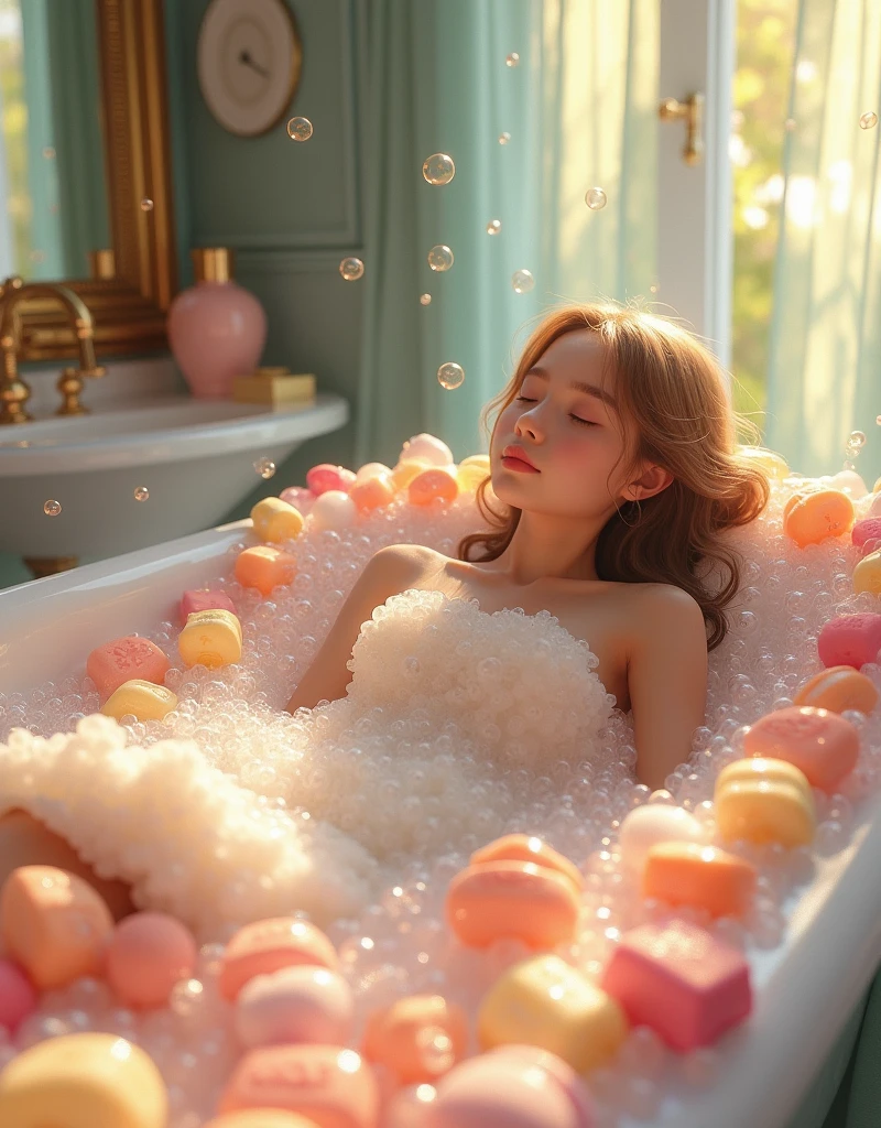 Girl Lying in Bathtub Filled All Over, Soap Bars, Bubbles Fly in the Air The Whole Room Is Very Beautiful and Detailed There Is a Mirror and Different Perfume Bottles, not nfsw