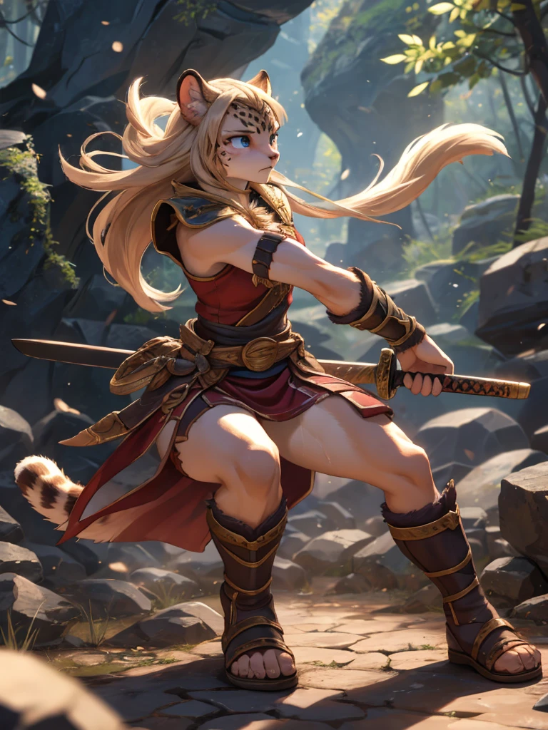 Beastman adventure fantasy, battle scene , female leopard, warrior, slim , (muscular:0.8) , Demonstration , Low center of gravity , (motion blur) , Stomp your feet , battoujutsu , sword swallowing position
, ( soft focus , Shallow focus , soft light) , Mature , Euphoria , glossy lips , moist eyes , coquettish , bold action , flasher , Insane , fabulous , sensational , funny face , dry-hump , looking away , (Heart pounding:0.5)