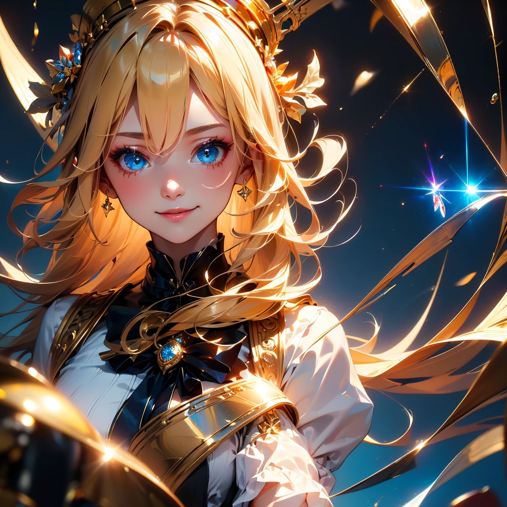 1girl,(((The best composition、Best Quality、Masterpiece、Super detailed、High definition、Golden Ratio)))、Afridian girl with long hair and blue eyes、 Young woman headshot
,Magical High School Girl、laser、smokeanywhere、diamond、Top Hat、cute、smile、