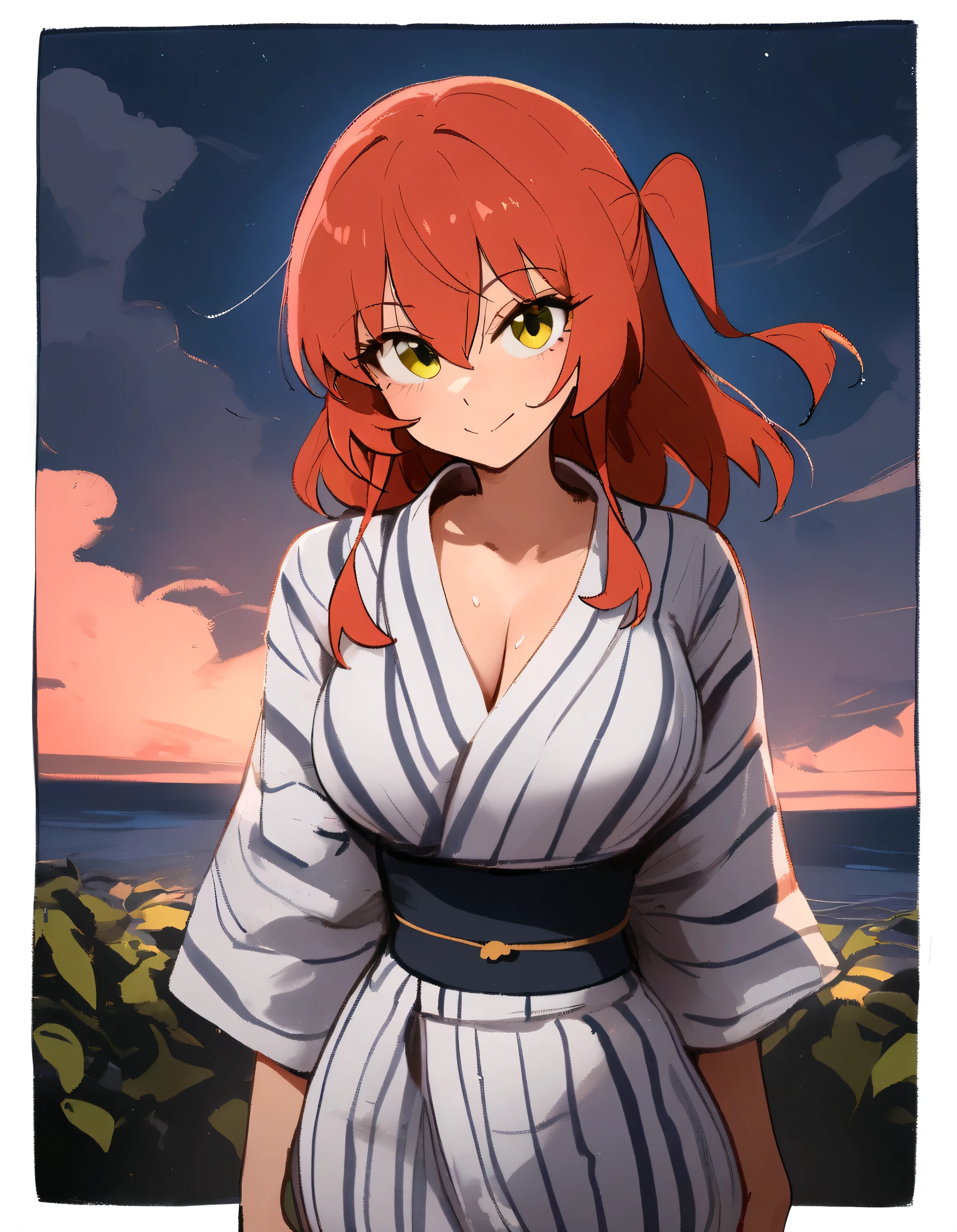 1girl, kita ikuyo, bocchi the rock! \\\\\ masterpiece, best quality, newest, absurdes, ///// nyantcha, khyle, \\\\\ big breasts, thin waist, thin, skinny, looking at viewer, skindentation ,serious, straight-on, solo, squishy breasts, smile, yukata, sky, clouds, outside border, night, night sky