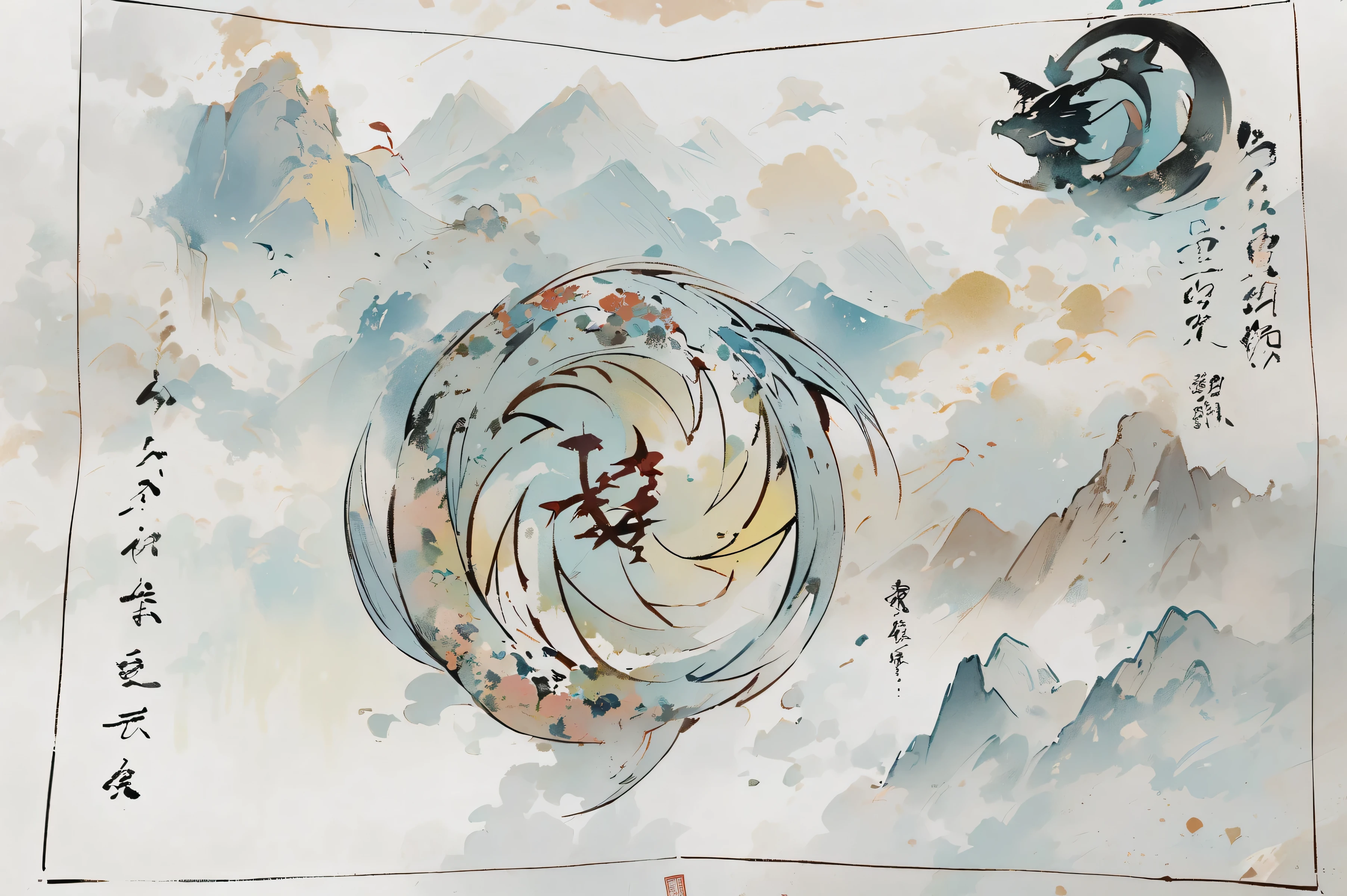 A poster，The background is mountains and golden clouds，There are two carps connected head to tail in the middle.