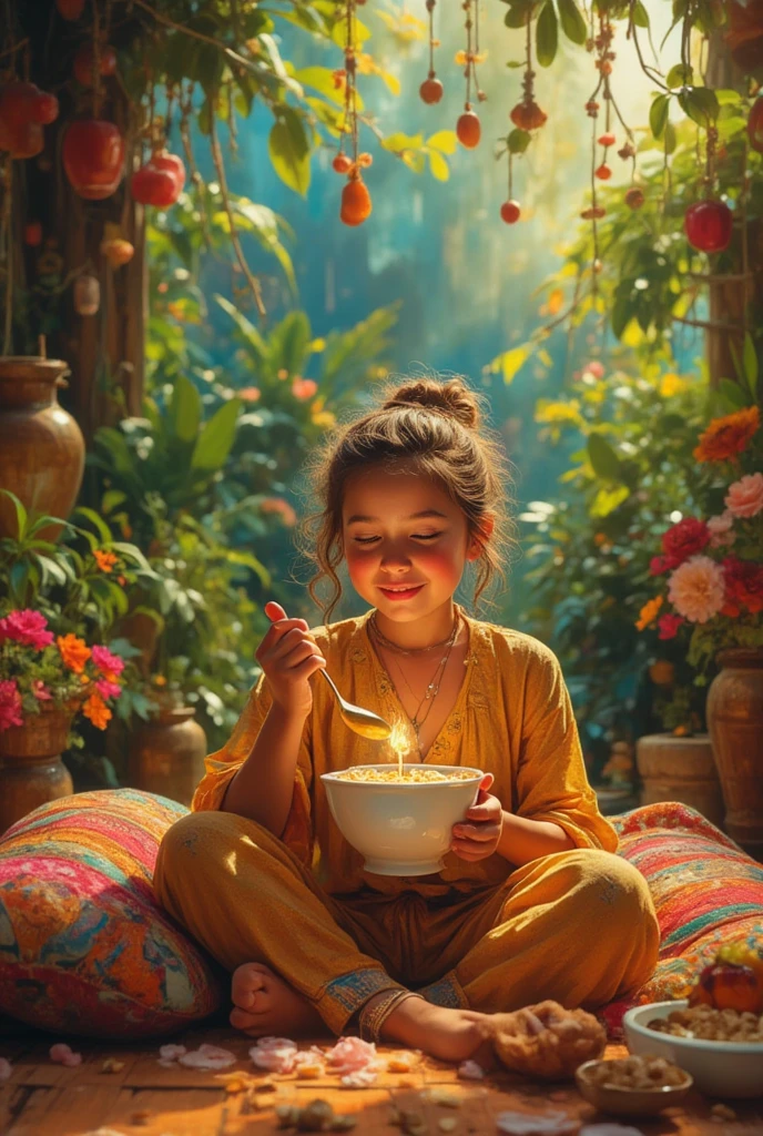 Camila eats illuminated by a beautiful light, eats a bowl of milk and cereals with a golden spoon, she is sitting at the' indian with crossed legs on a huge colorful haigt puff in the middle of many vases of flowers and plants indoor 