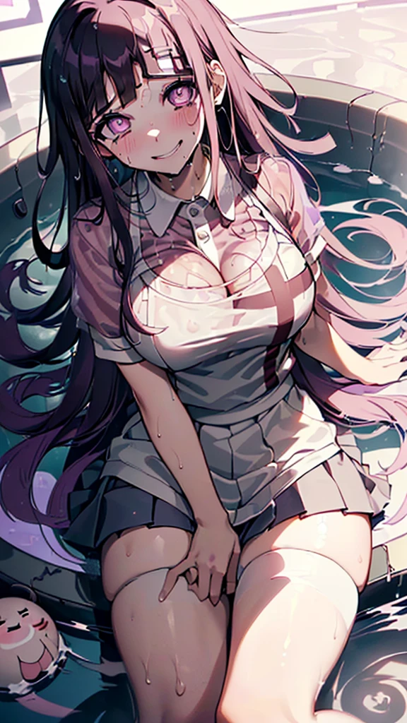 ((mikan tsumiki)),Long Hair,Purple Hair,(Purple eyes:1.3),bangs, blunt bangs,(Patsun),((in danganronpa styles:1.4)),break (wet apron), bandageを巻かれた足,bandage,sky blue mini skirt,(wet pink shirt),wet pleated skirt, puffy short sleeve,Puff sleeves,two-tone,pink shirt,break ((nsfw:1.5)),break ((sitting on the bed:1.2)),(dark bed room),((dark room)),((Spread your arms)),Sleeveless, (Place your arms behind your head),
break (masterpiece:1.1),(((High resolution:1.3))), Unity 8K Wallpapers,((Highly detailed face:1.3)),(Perfect hands, Perfect Anatomy),embraced,(whirlpool eyes:1.5),((vulgarity ahegao smile:1.5)),(messy hair:1.3),(big eyes:1.4),mental broken,(crazy smile:1.5),(evel grin:1.3),aroused,(ecstasy:1.5),hands own cheek,(((((extremely vulgarity:1.5))))),(disappear),((white heavy breathing:1.4)),(white thin steam:1.4),((bold seductive:1.4)),((Clothes see-through due to sweat:1.3)),(orgasm:1.5),(vulgarity face:1.4),(pupils facing upwards:1.4),(blush:1.5),(pussy juice:1.3),(peel the whites of the eyes:1.2),(pink glowing eyes),((pupils with many circles:1.5)),((drooling:1.4)),(open leg:1.4),((dynamic convulsions:1.4)),((white thin fog:1.3)),(Clothes are transparent:1.1),(wetting wear),(sweaty steam:1.4),(textile shading:1.4),(Aphrodisiac:1.4),(bring face closer:1.3),(leaning forward:1.3)