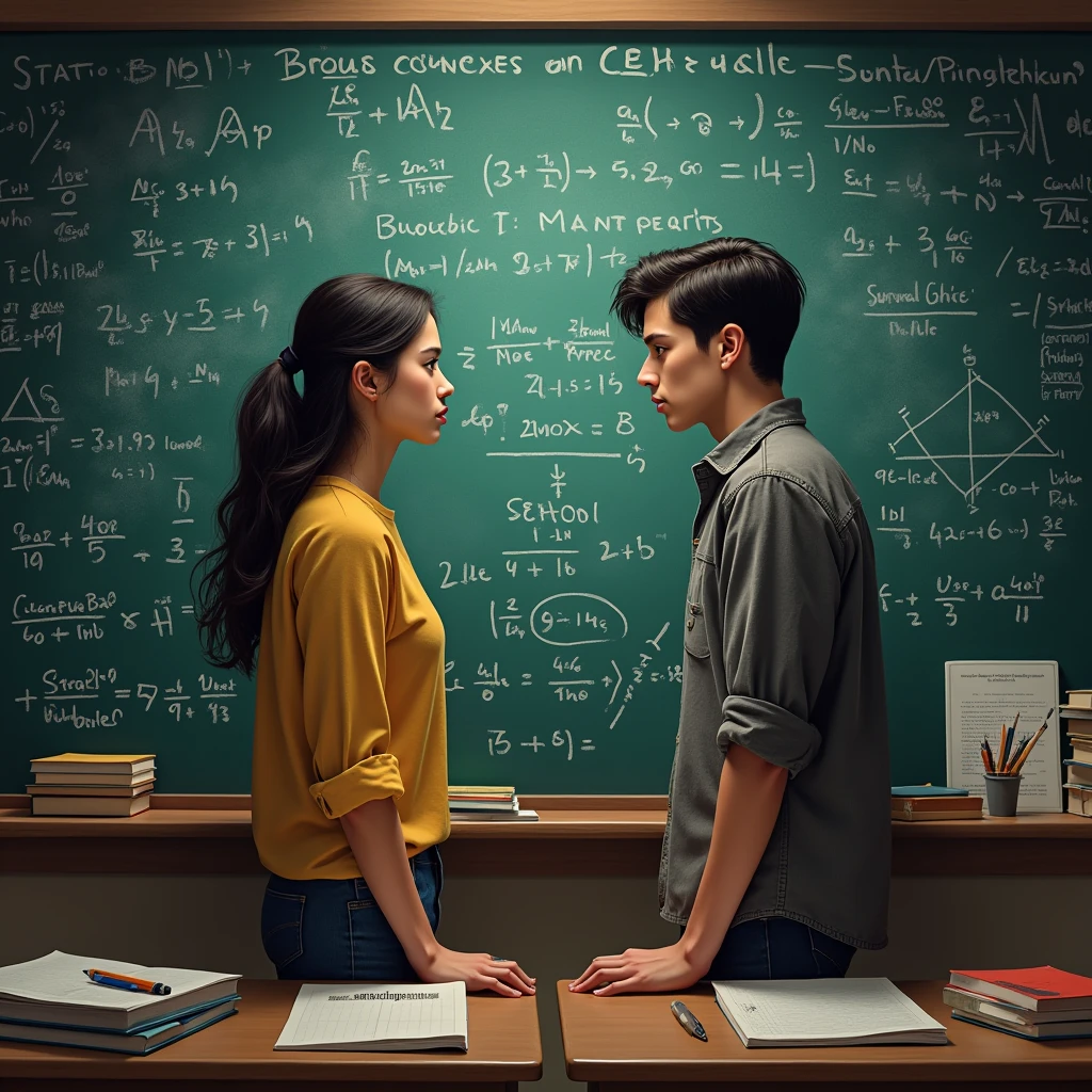 Battle of Minds Solving a Problem on the Board in the Classroom A Girl and a Guy Are Standing Looking at the Board All That Remains Is to Finish the Last Example, and the Solution will be Ready Work Hard to Solve the Problem, Very Realistic Classroom with Lots of Different Books and Notebook Pens, everything is very beautifully put together. There is a spark between them.,