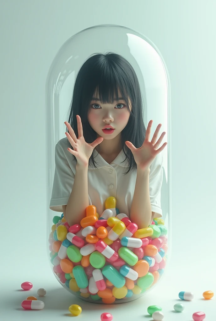 internal huge stomach view like stomach endoscopy:: a japanese woman stay inside it, She sat for a while playing in the dark pink water with foam up to her waist,She wears school uniform, She smile