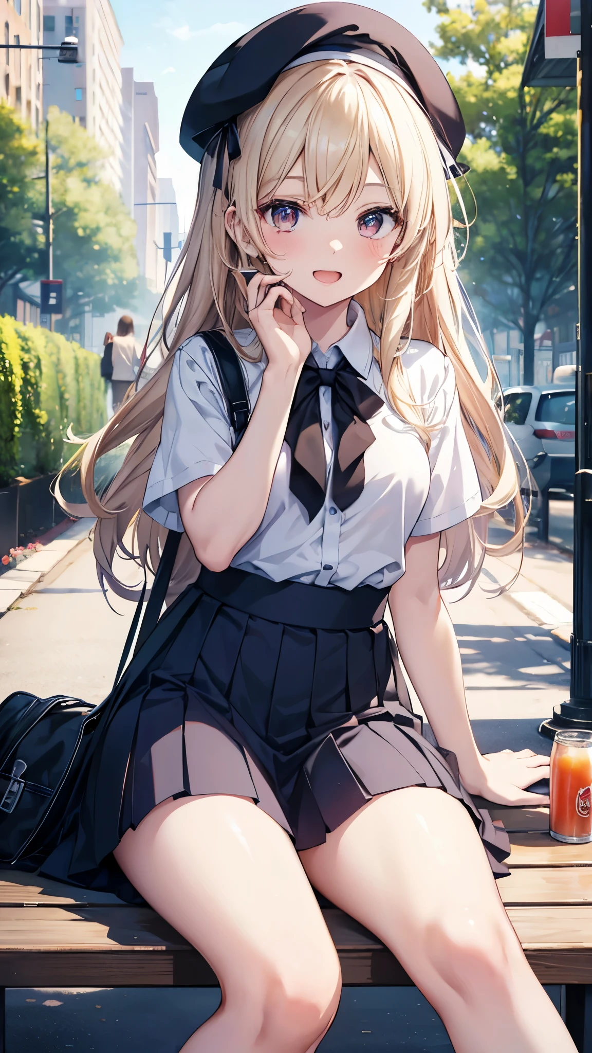 Anime girl sitting on a bench with a hat on - SeaArt AI