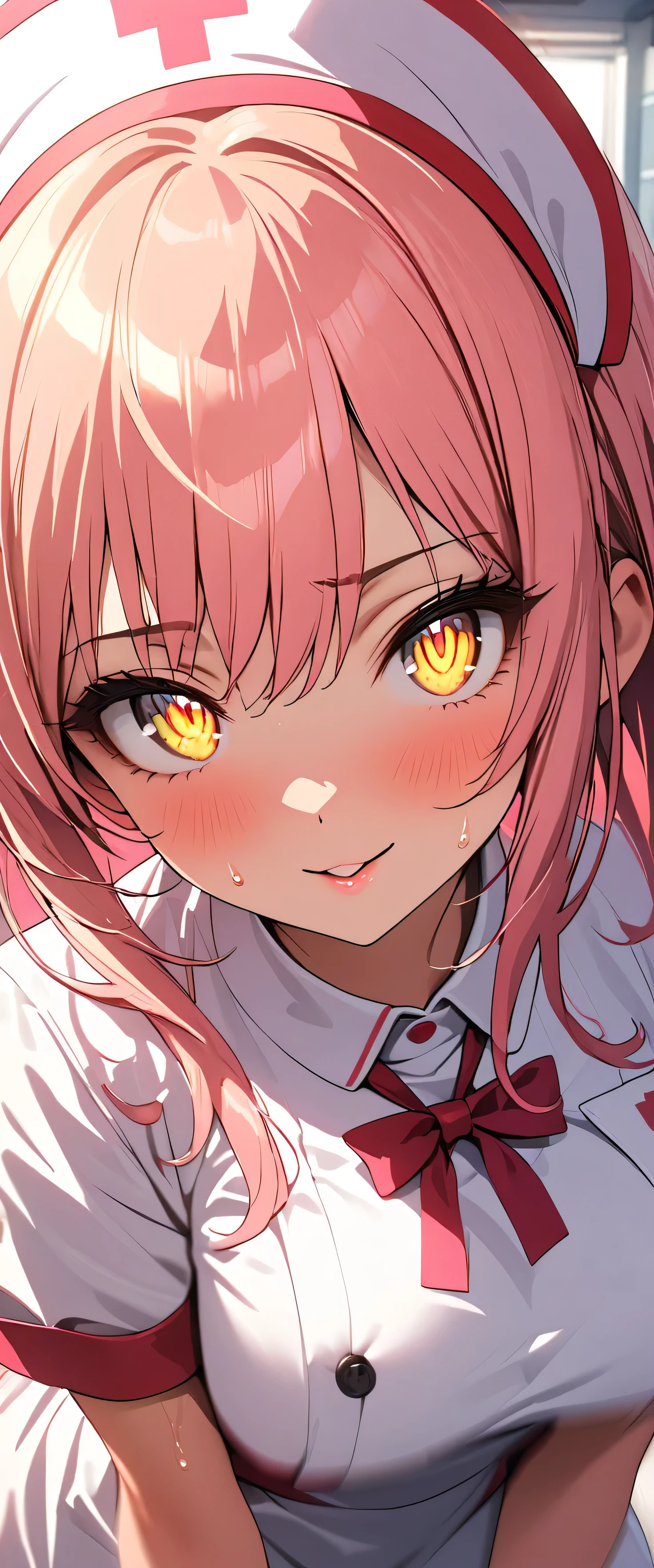 (beautiful girl: 1.3),One girl,masterpiece,Please redeem,Ultra-high resolution,Rich contrast,Very high quality,8k,Highly detailed CG unit wallpaper,Texture,So ridiculous,RAW Photos,Please redeem anime,Depth of written boundary 1.2,ultra-detailed eyes,Glowing Skin,Glitter Effect,Beautiful glossy lips,(pink hair, yellow eyes),Nurse uniform,Nurse working in hospital,syringe,Great smile,white Nurse uniform,Large Breasts,Big round ass,hair bow,(syringeを持つ手がtremblingています:1.3),(Motion Blur:2.0),((trembling)),sweat,sweatdrop,rolling eyes,shaking