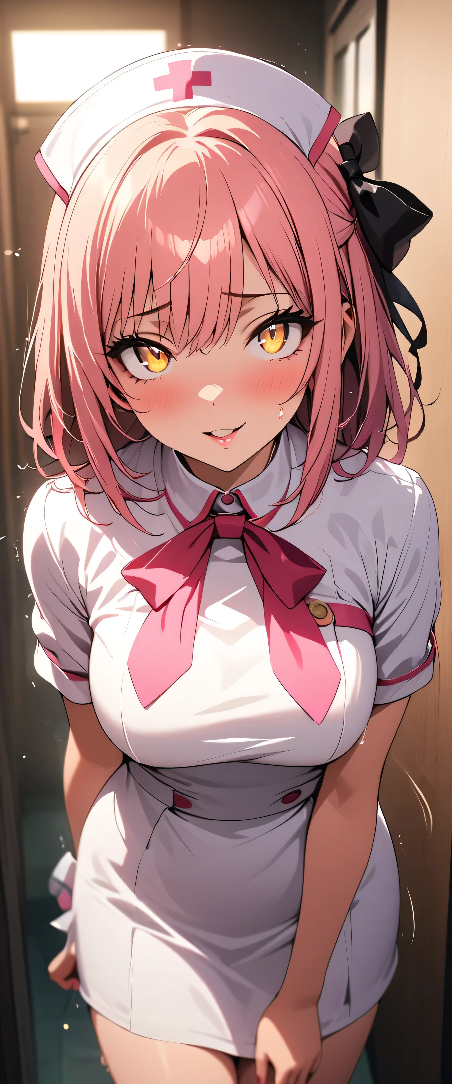 (beautiful girl: 1.3),One girl,masterpiece,Please redeem,Ultra-high resolution,Rich contrast,Very high quality,8k,Highly detailed CG unit wallpaper,Texture,So ridiculous,RAW Photos,Please redeem anime,Depth of written boundary 1.2,ultra-detailed eyes,Glowing Skin,Glitter Effect,Beautiful glossy lips,(pink hair, yellow eyes),Nurse uniform,Nurse working in hospital,syringe,Great smile,white Nurse uniform,Large Breasts,Big round ass,hair bow,(syringeを持つ手がtremblingています:1.3),(Motion Blur:2.0),((trembling)),sweat,sweatdrop,rolling eyes,shaking