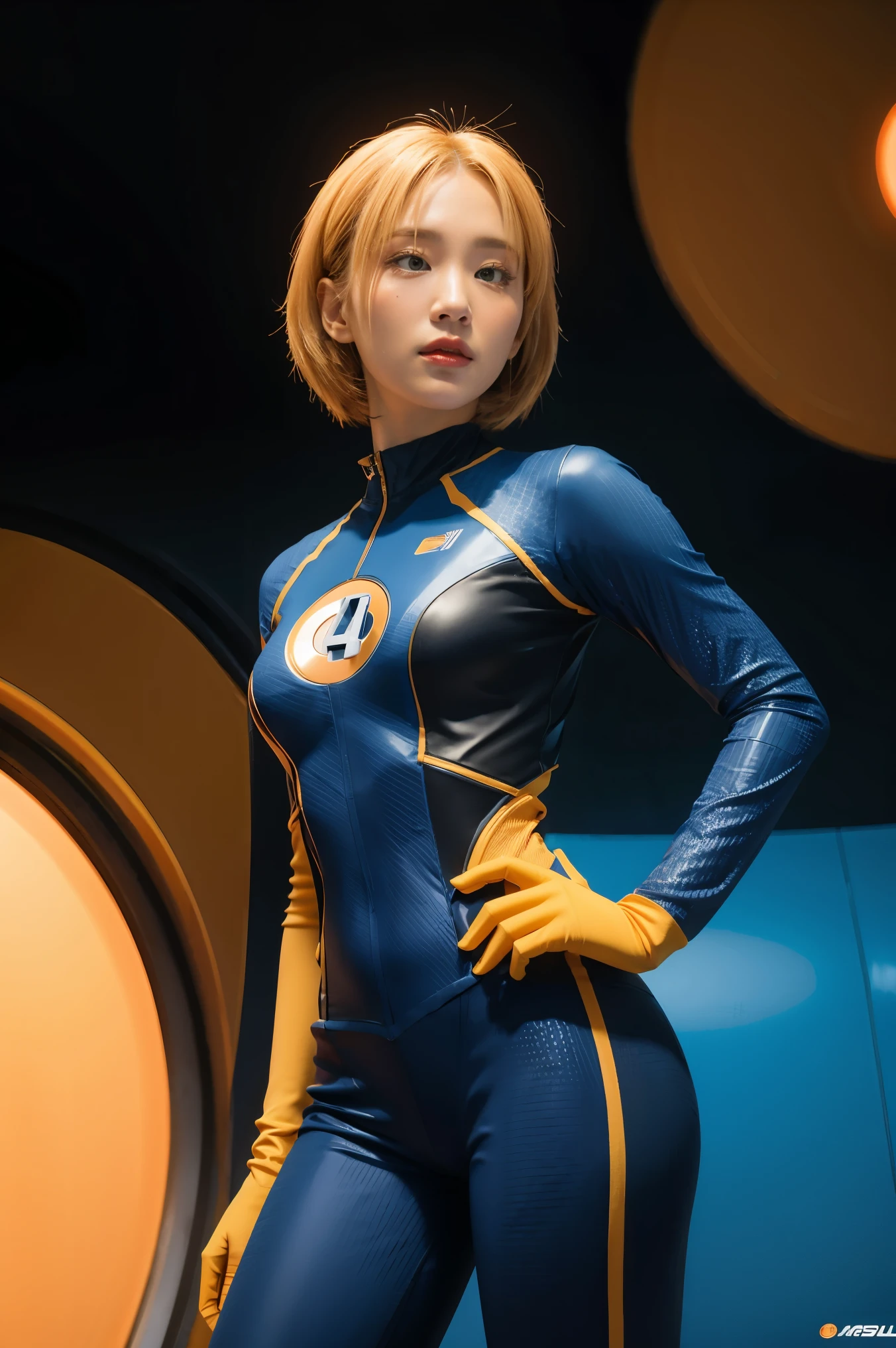 a woman in a futuristic suit with a spaceship in the background, movie art, in front of an orange background,, female protagonist, a megastructure in the background, a portrait of an AI astronaut, astronauts, an astronaut, portrait of an astronaut Skeletor, perfect android girl, ((Marvel's Fantastic Four suit)), (Retro Futuristic theme:1.3), blue and white suit, black gloves, Susan Storm, invisible woman,