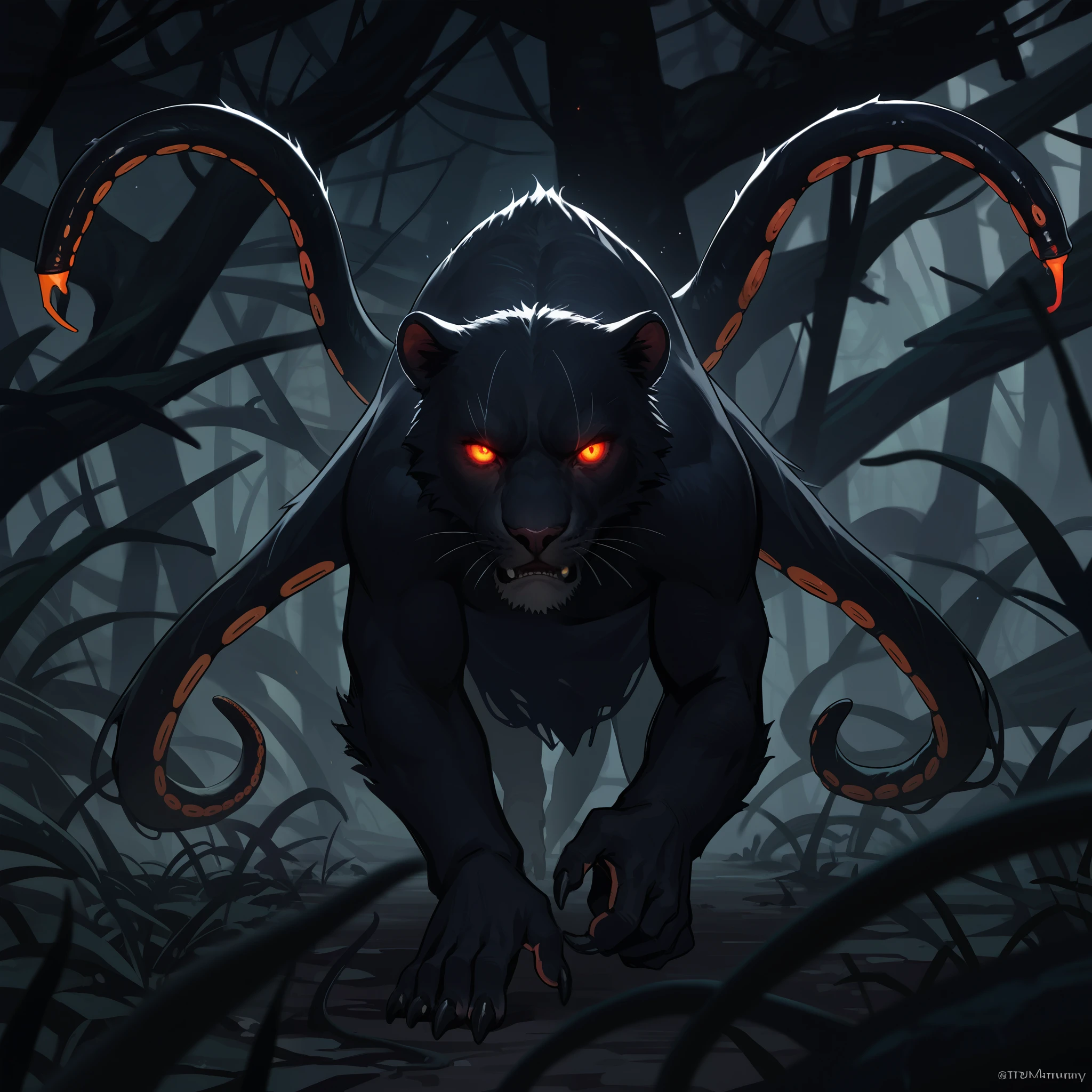 (zPDXL2), (PonyXLV6_Scores), source_anime, asymmetric image, Three-quarter portrait, looking at viewer BREAK
Monster from 'dungeons and dragons' .
'displacer beast'.
big panther, jet black fur, walking on plain, With six legs, glowing eyes, two VERY LONG tentacle sprouting from their shoulders.
Black mist, with claws, dark forest background,
In style of anime and webtoon manhwa.