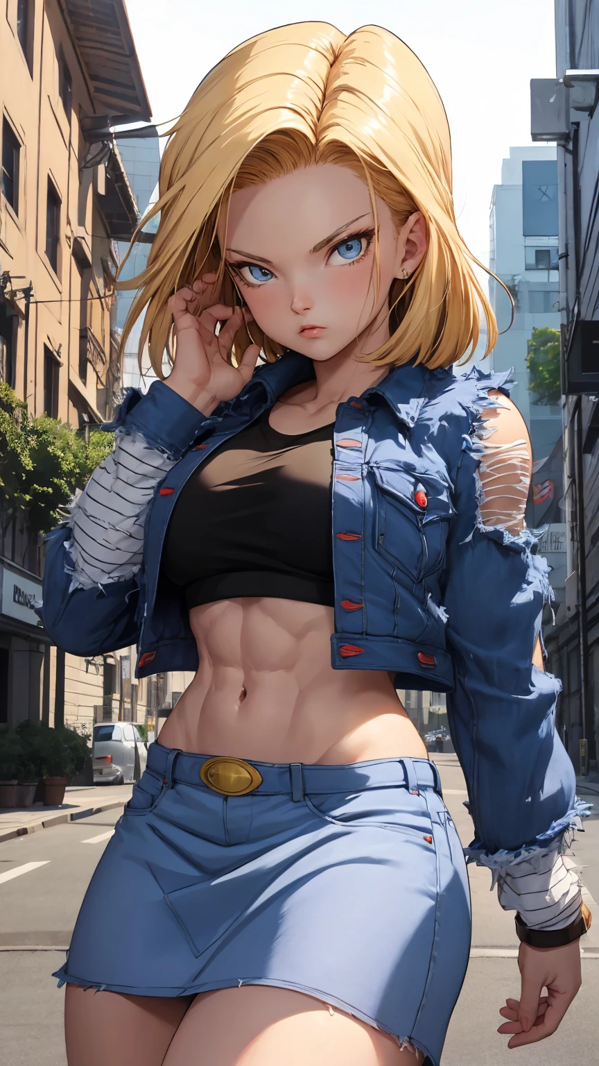 Android 18, serious expression , large breasts , walking , denim skirt and jacket crop top, muscular body, toned abs, ripped, full body shot, lip filler,