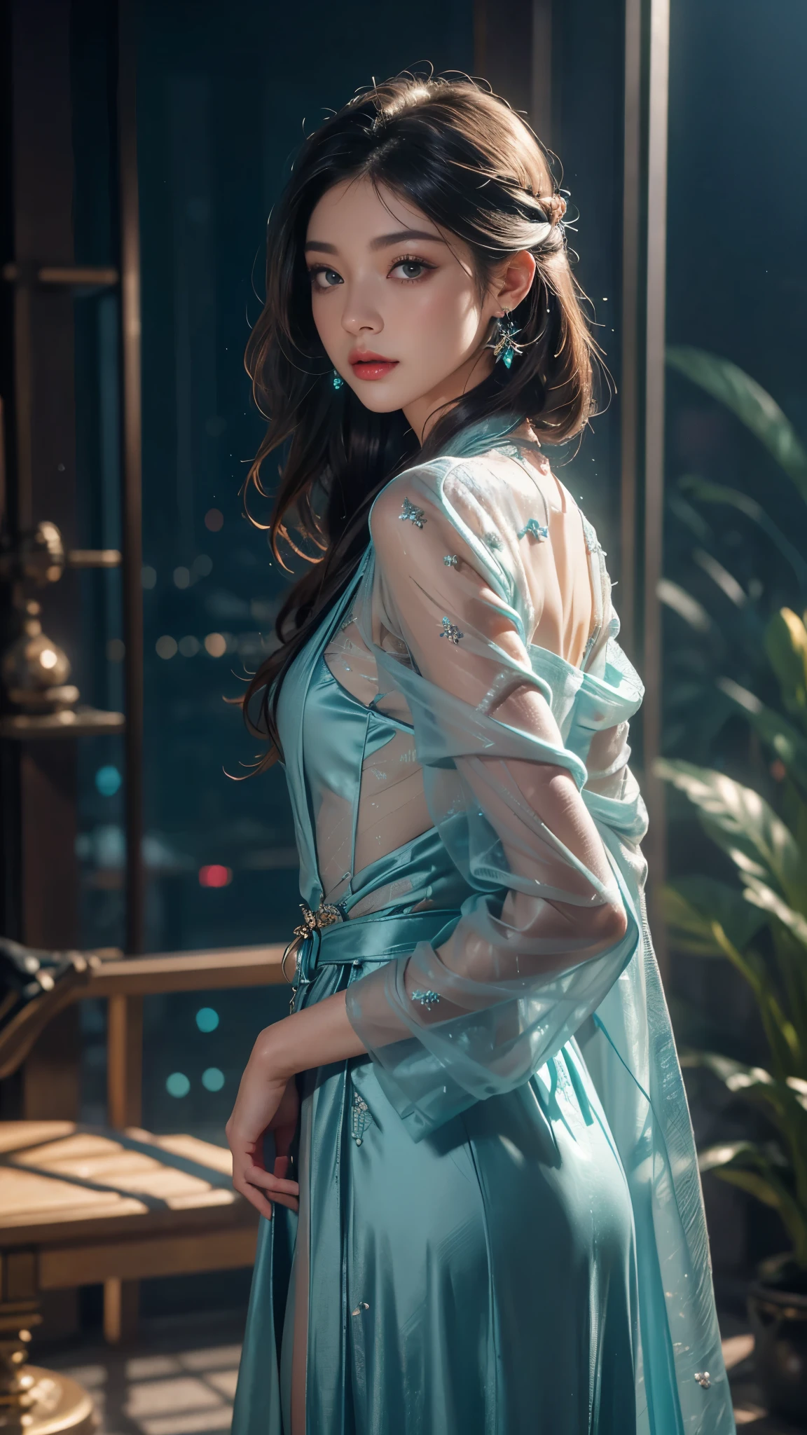 Byrne virus, ((Shot in the knee))，((Aerial View)),(masterpiece，best quality，high resolution)，(Colored background，(Splash of Color))，((Bare shoulders)), LiuYiFei, Sweet girl，Lying in bed, Light blue and white medium length hair，[Light Blue|pink]hair，curls，shining，红pink的嘴唇，Colorful flowers，Volumetric Lighting，Full breasts，Large Breasts, cleveage, grace的姿态，Sexy slender legs, original photo, best quality, 脸庞beauty精致，Otherworldly beauty, Attract attention。beauty、grace、mystery