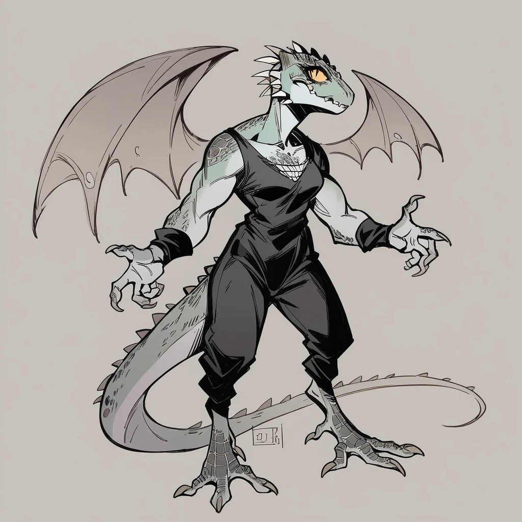 Sketch, dragon half bird, has a human mascular body