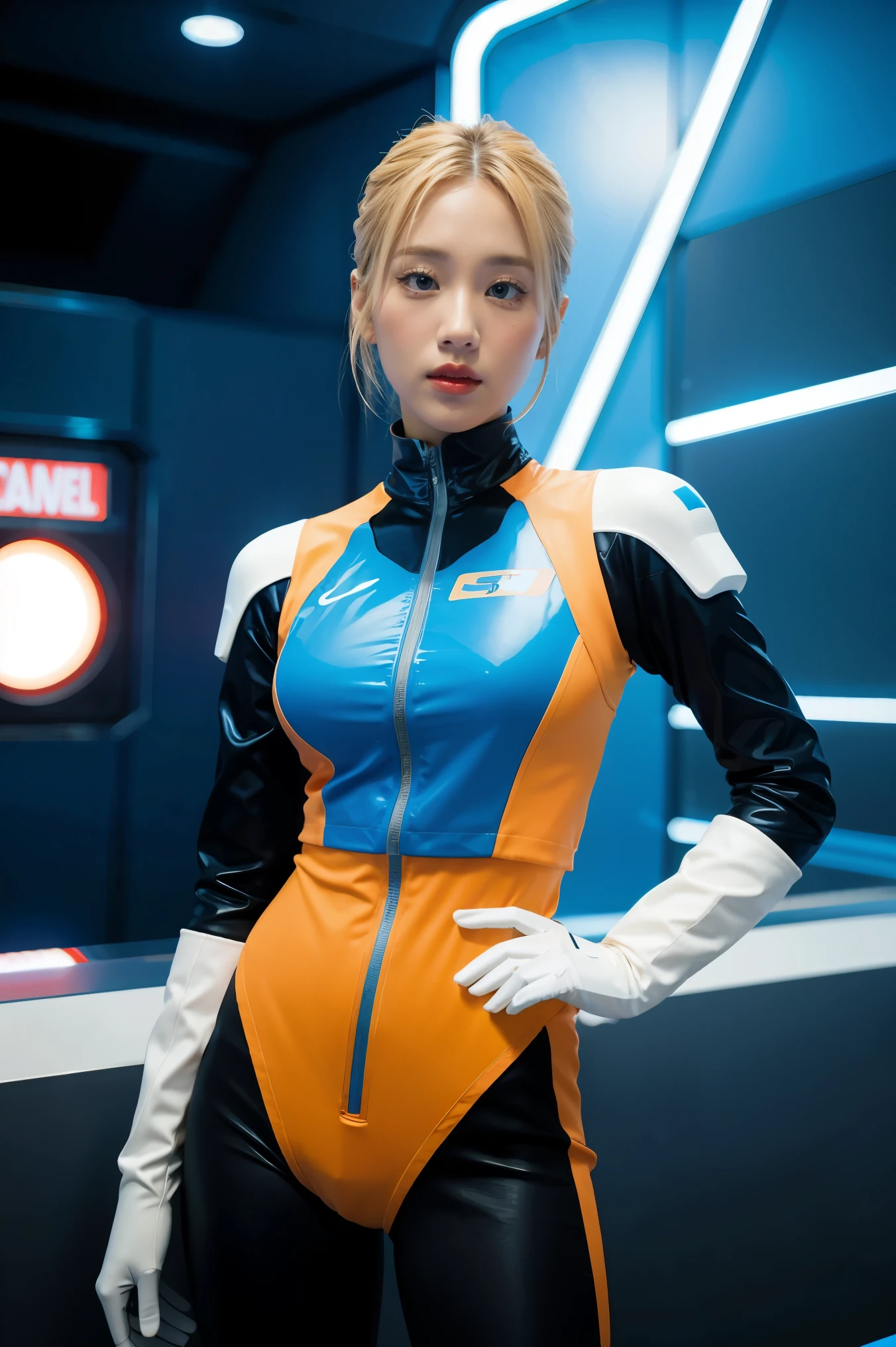 a woman in a futuristic suit with a spaceship in the background, movie art, in front of an orange background,, female protagonist, a megastructure in the background, a portrait of an AI astronaut, astronauts, an astronaut, portrait of an astronaut Skeletor, perfect android girl, ((Marvel's Fantastic Four suit)), (Retro Futuristic theme:1.3), blue and white suit, black gloves, Susan Storm, invisible woman,