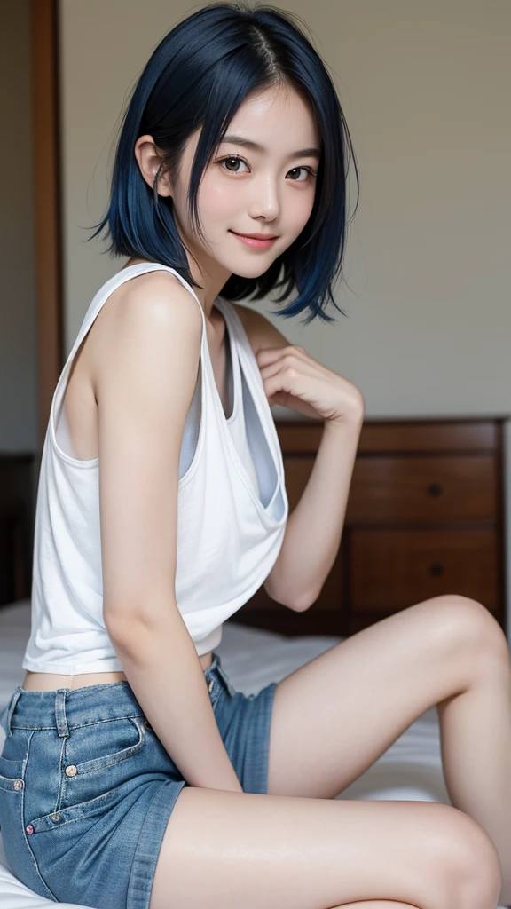 masterpiece, best quality, highres, absurdres, 8k, 4k, official art, 1girl, blue hair, blue eyes, short hair, sitting, small white t-shirt, small white pajamas, small breasts, facing viewer,