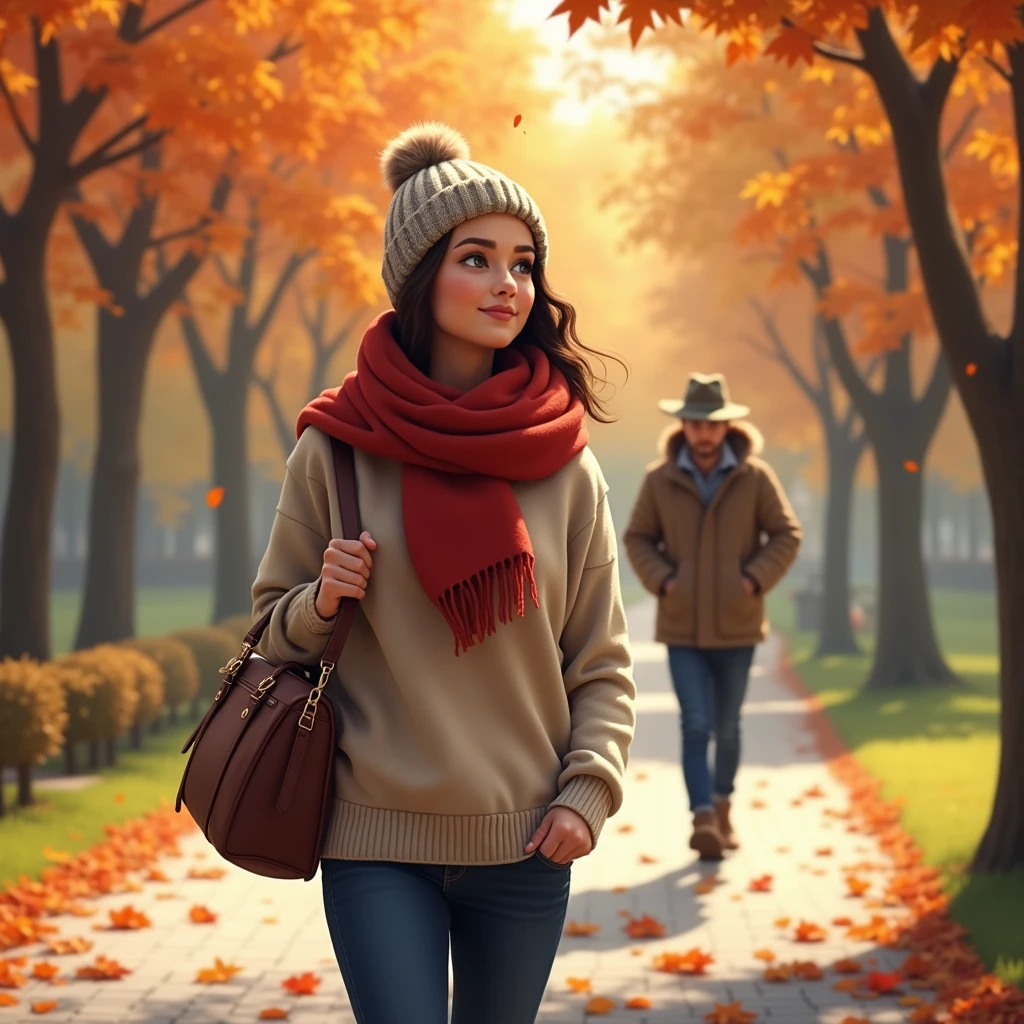 Autumn Girl in a Red Scarf Warm Hat, Sweater Soft and warm, Walking through the Park Leaves are Falling, Lots of Leaves, A Guy in a Warm Jacket and Hat Walks Towards You, They Cross Eyes Very Realistic Steps, Walking along the Paved Path, The girl has a handbag,