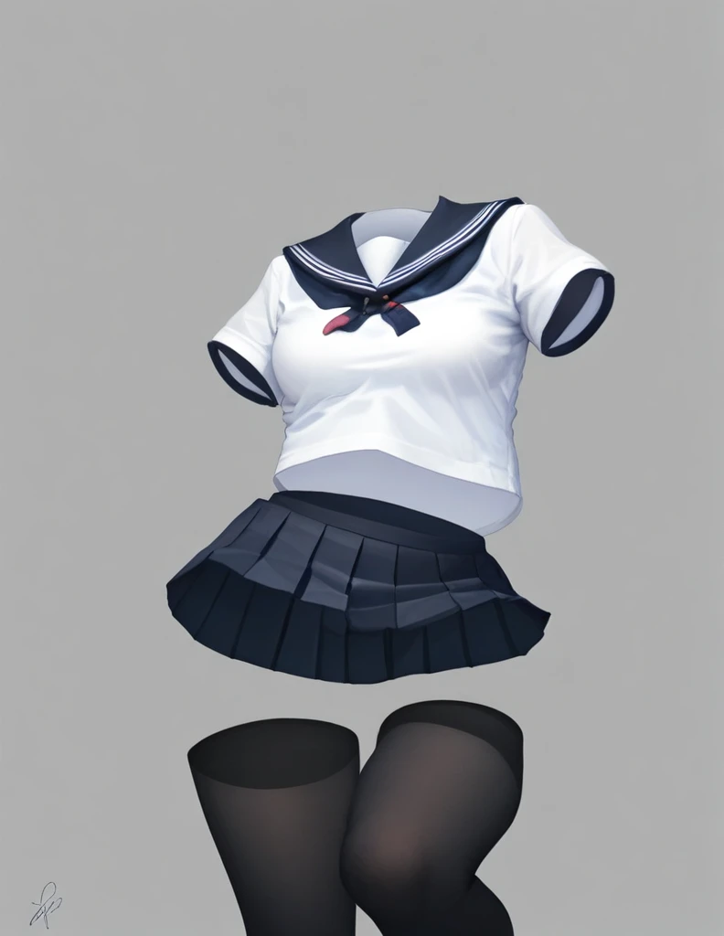 transparent, invisible person, no body,1girl, skirt, solo, simple background, school uniform, signature, grey background, serafuku, pleated skirt, shirt, white shirt, pantyhose, shoe soles, sailor collar, black footwear, gloves, double v, short sleeves, black skirt, black pantyhose, blue skirt, masterpiece, best quality, very aesthetic, absurdres
