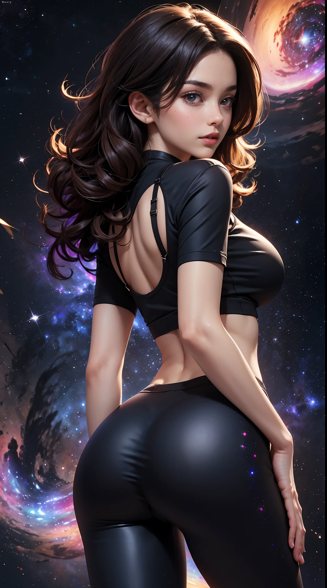 Brunette with perfect body, big boobs and big ass and long light brown hair, in hot leggins, backview, sharp background (8k) (photorealistic)