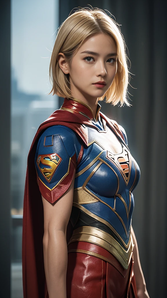 woman、Muscular、Tribal battle clothing、solo, Look at, High resolution, masterpiece, Anatomically correct, Winner of numerous awards, detail, Ultra high definition, Textured skin, Blonde Short Hair、Tight eyes、Narrow eyes、Intimidating、Supergirl、Hero Suit、A grand atmosphere、