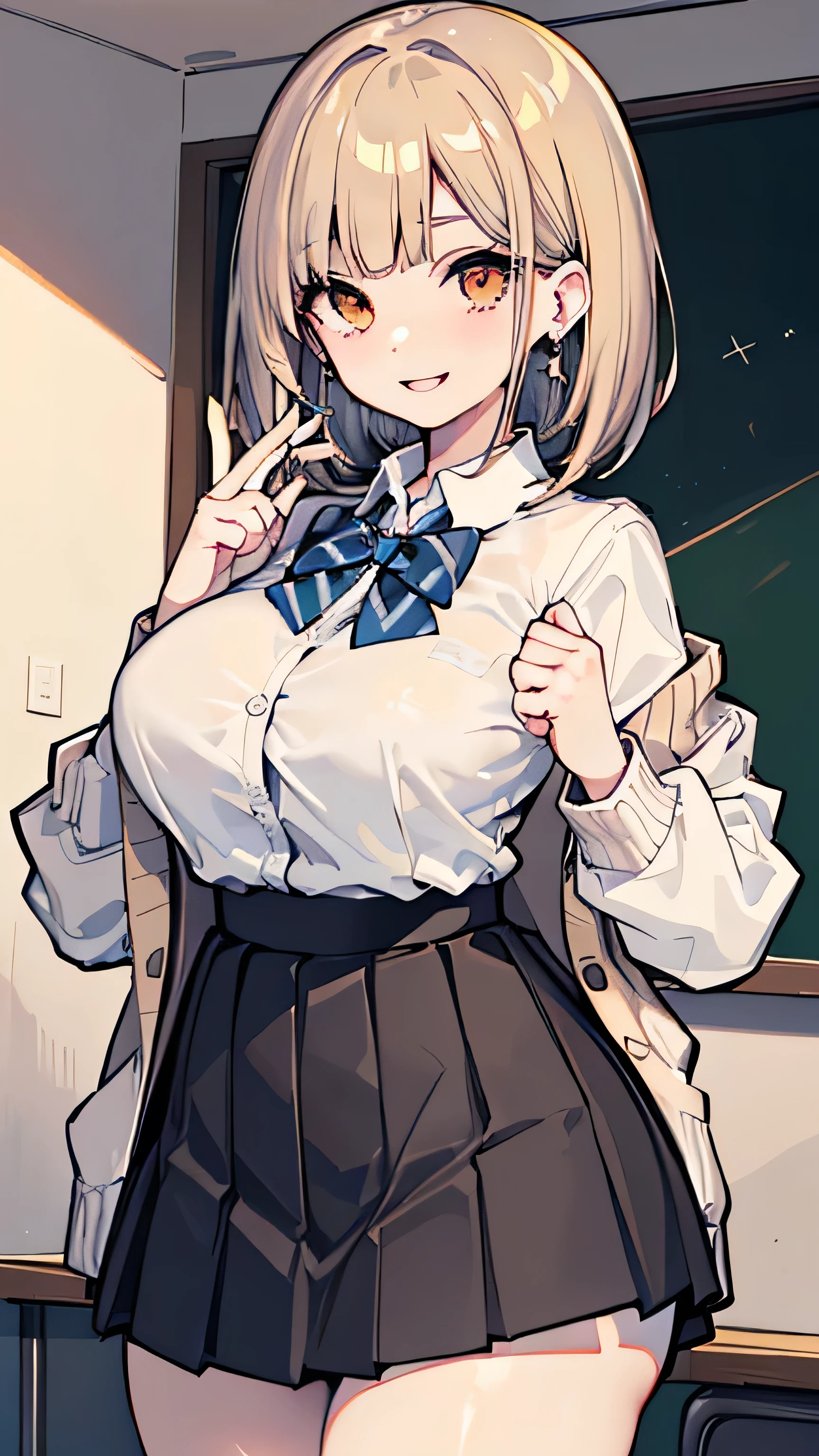 (masterpiece、Please redeem、Very detailed))、One Girl、Improve、Brown gradient hair、Long Bob Cut、Pale orange eyes、Wicked Smile、((Open your mouth))、((Lots of earrings))、((Large Breasts))、((White collar shirt))、、Bow tie、((Black Pleated Skirt))、((mini skirt))、Cardigan at waist、((Thick waist))、Thighs、Cowboy Shot、Classroom Background