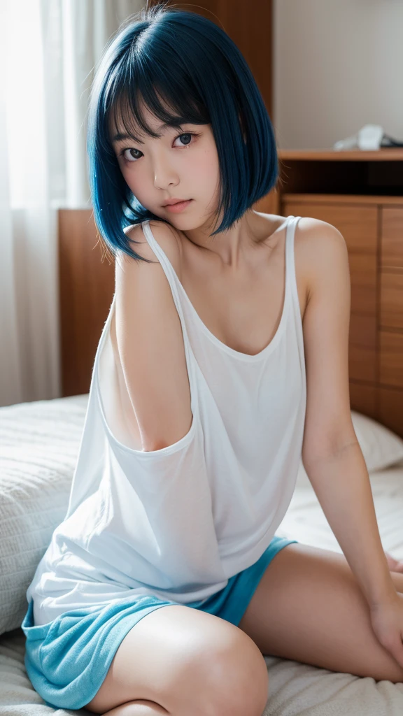 masterpiece, best quality, highres, absurdres, 8k, 4k, official art, 1girl, blue hair, blue eyes, short hair, sitting, small white t-shirt, small white pajamas, small breasts, facing viewer,