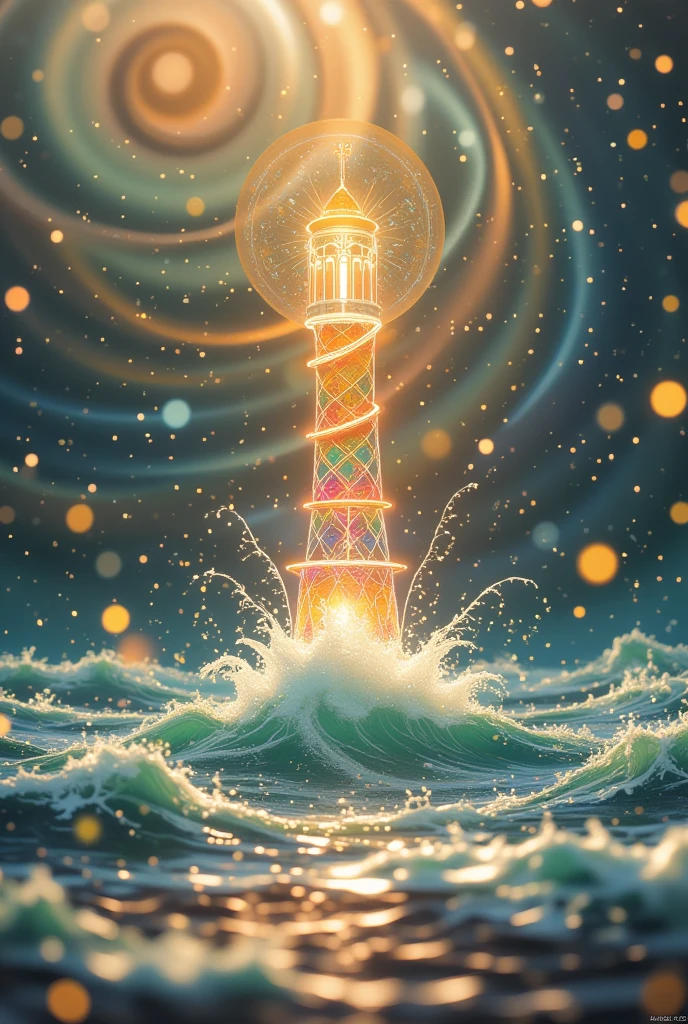 Brightly colored lighthouse，Spiral galaxy on the ocean in the background，A bold beacon on the horizon，波涛汹涌的Sea，Sea，Psychedelic Surreal Art, Universe starry sky psychedelic poster art, Fantasy Art, Psychedelic Art,Whirlpool Universe，Strong contrast between light and dark，Extreme long shot