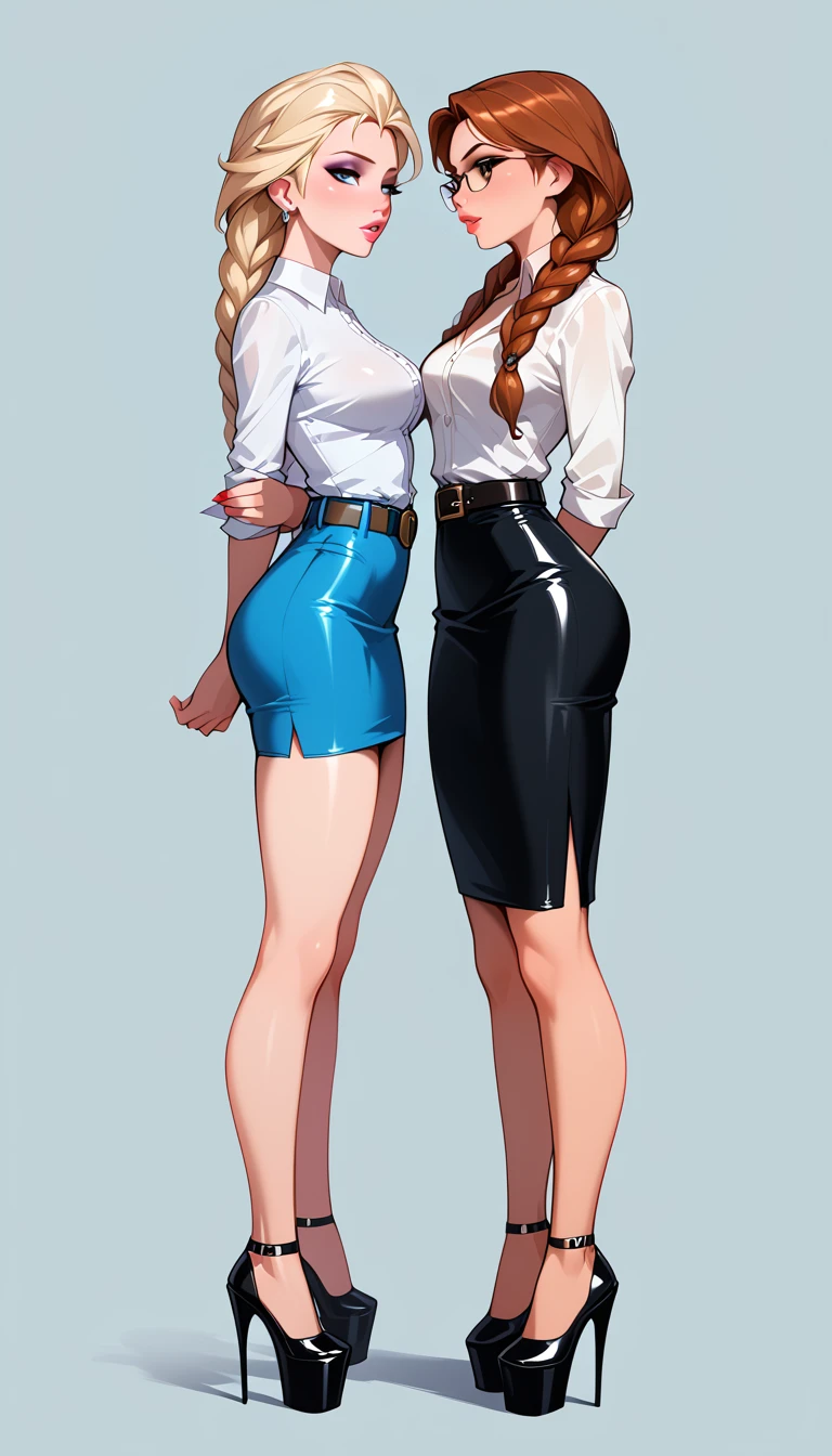 score_9, score_8_up, score_7_up, 2girls, duo, (Anna, brown hair, braided pigtails, wearing tight pencil skirt, belt, blouse, spectacles, platform heels:1.3) and (Elsa, blonde, braid, wearing tight pencil skirt, belt, blouse, spectacles, platform heels:1.2), flirt, gaze, sexy look, half-closed eyes, head tilt, filled lips, thick lips, makeup, side view, (full bodies in view) expressiveh d4rk01l, perfect hands, perfect proportions, simple background. shibari, bound arms, arms behind back