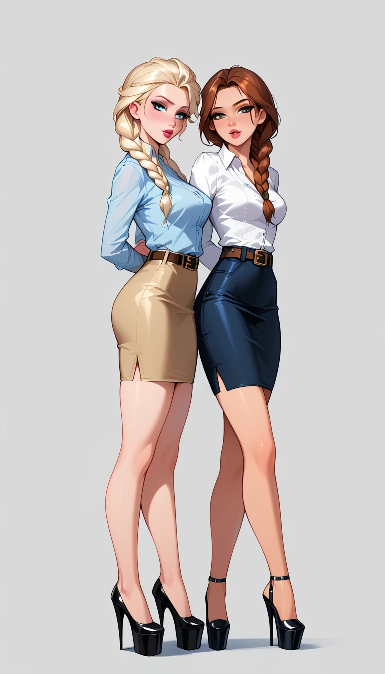 score_9, score_8_up, score_7_up, 2girls, duo, (Anna, brown hair, braided pigtails, wearing tight pencil skirt, belt, blouse, spectacles, platform heels:1.3) and (Elsa, blonde, braid, wearing tight pencil skirt, belt, blouse, spectacles, platform heels:1.2), flirt, gaze, sexy look, half-closed eyes, head tilt, filled lips, thick lips, makeup, side view, (full bodies in view) expressiveh d4rk01l, perfect hands, perfect proportions, simple background. shibari, bound arms, arms behind back