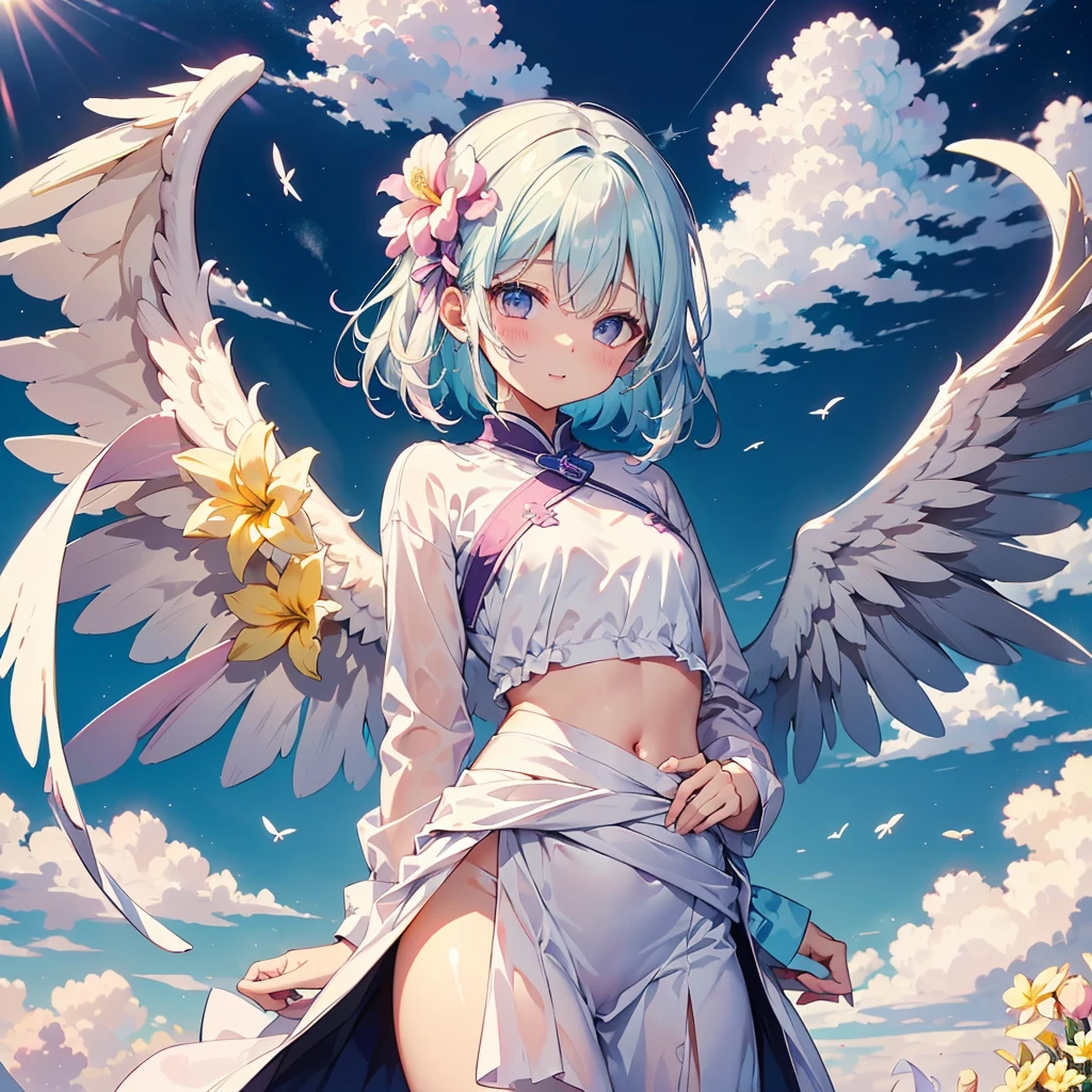 masterpiece, top-quality, in 8K, realperson, unreal, Highly detailed CG, shinny skin, Fully Focused, blue-sky, ((Floating in the air)), The Glory of God, ((Little Angel)), (fullnude), white feathers dance, Full body like