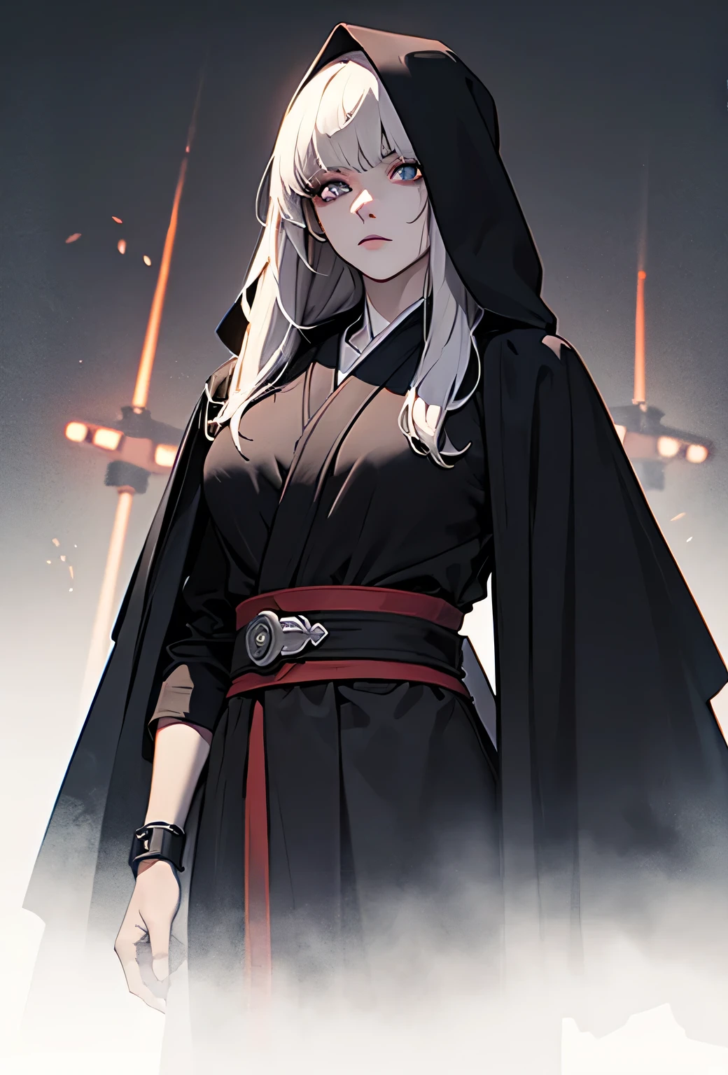 Shadow Face、Star Wars, jedi, black jedi robe、Black Robe, black belt,Star Wars concept art, Star Wars、jedi、Lightsabers、Black Robe、Jedi clothing、Black hoodを被る、Star Wars、beautiful girl、cute、Droopy eyes、Random hair color、Beautiful Long Hair、Straight hair、bangsBangs、bangs、hime cut、Big Breasts、Slim body、slim、(Best Quality,4K,High resolution,Masterpiece 1.2),Very detailed,Real 1.37,Spooky Background,Dark fantasy,Black Theme,Ominous atmosphere,Eye-catching,Anime Style,Concept Art,beautiful, Gentle features, pale Skin, night、Dim lighting、Dark Background, Cinema Lighting, Dramatic Shadows, Spooky atmosphere, Dark words, 1 person&#39;S, Red cheeks, ,(Lightsabers1.3),Ruins,(Wasteland 1.3),((Random hair color)), Female Curves, Sexy flat stomach, Perfect hands, Extend one hand、Perfect anime character face, (Black hood)), standing, ((Black Robe), ,(Star Wars 1.3), In the woods, Moonlight Illumination, Night lighting, jungle、Space Fantasy,SF, Skeleton Gas Light,Absurd, High resolution、 ((Star Wars)), ((Best Quality)), (Very detailedな), ((Very detailed)), (beautiful), ((cute)), 1 person,(1.6)、beautiful face、Full Body Ezbian、pale, Beautiful skin、Big Breasts、Beautiful body、Slim body、beautiful feet、Smiling Kindly、Dark Building Ruins、(Ruins 1.3)、Low angle full body shot、(Random Background 1.3)、(Random Lightsabers Color 1.3)、Spirits、Droopy eyes、bangs, Long Hair, Star Wars、jedi、Blue Lightsabers、Ready your Lightsabers、Star Wars Background、Ruins、In the woods、night、There are lots of clone troopers from STAR WARS CLONE WARS