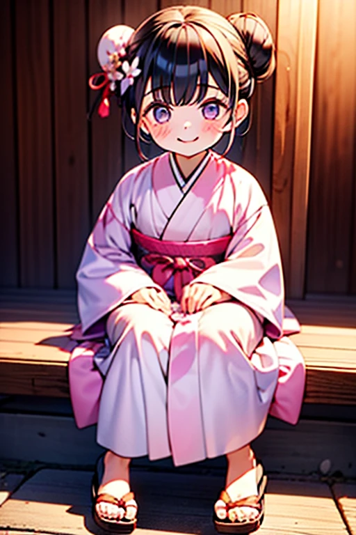 girl, Pink yukata with white petal details, máscara blanca con lineas rojas estilo Kitsuné que le cubre el rostro completo, Brown hair styled in a Japanese bun, Japanese wooden flip flops