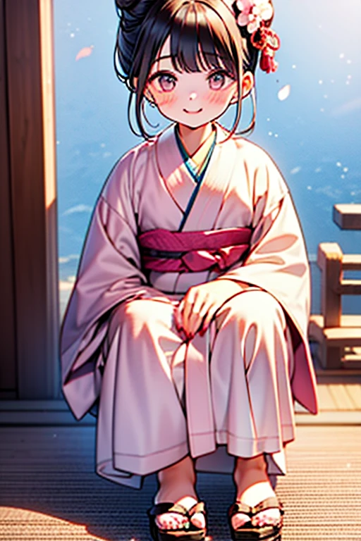 girl, Pink yukata with white petal details, máscara blanca con lineas rojas estilo Kitsuné que le cubre el rostro completo, Brown hair styled in a Japanese bun, Japanese wooden flip flops