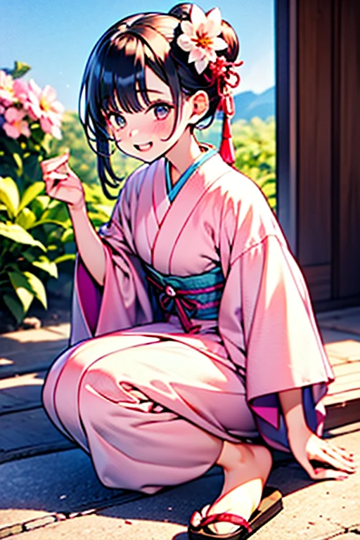 girl, Pink yukata with white petal details, máscara blanca con lineas rojas estilo Kitsuné que le cubre el rostro completo, Brown hair styled in a Japanese bun, Japanese wooden flip flops