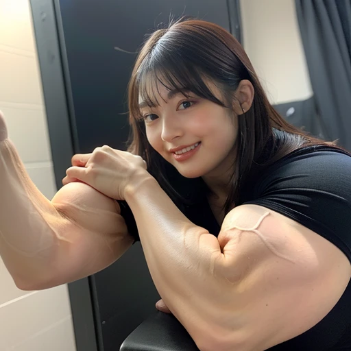 (Raw photo, Best Quality), (Realistic, Photorealsitic:1.3), masterpiece, Extremely delicate and beautiful, very brigt light at her face, a strong-Japanese-girl vs weak-American-boy armwresling match, Her American male opponent is thin , short and frail, she has way bigger arms than him, she has (dark brown hair, hair, medium short hair, bang), she is Beautiful detailed girl, (Precise fingers, Eyes and faces with detailed, beautiful detailed nose, Beautiful detailed eyes, she is Japanese girl(Neat and clean beauty, Cute, tall, muscular body, young, voluptuous bust, slim waist, Realistic face, hyper muscle, gigantic massive pecs, gigantic massive thighs, gigantic massive calves, gigantic massive deltoid muscles, gigantic massive arms, gigantic massive forearms, gigantic mitral muscle, gigantic massive broad shoulder, muscular body type), she is armwrestling with the weak thin blond haired caucasian boy who is tall but way thinner and weaker than the beautiful Japanese girl, her massive arm is overwhelming his much thinner arm, she is looking at his crying eyes, big smile