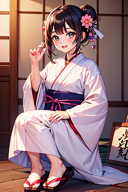 girl, Pink yukata with white petal details, máscara blanca con lineas rojas estilo Kitsuné que le cubre el rostro completo, Brown hair styled in a Japanese bun, Japanese wooden flip flops