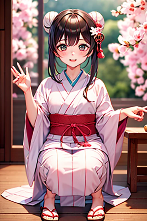 girl, Pink yukata with white petal details, máscara blanca con lineas rojas estilo Kitsuné que le cubre el rostro completo, Brown hair styled in a Japanese bun, Japanese wooden flip flops