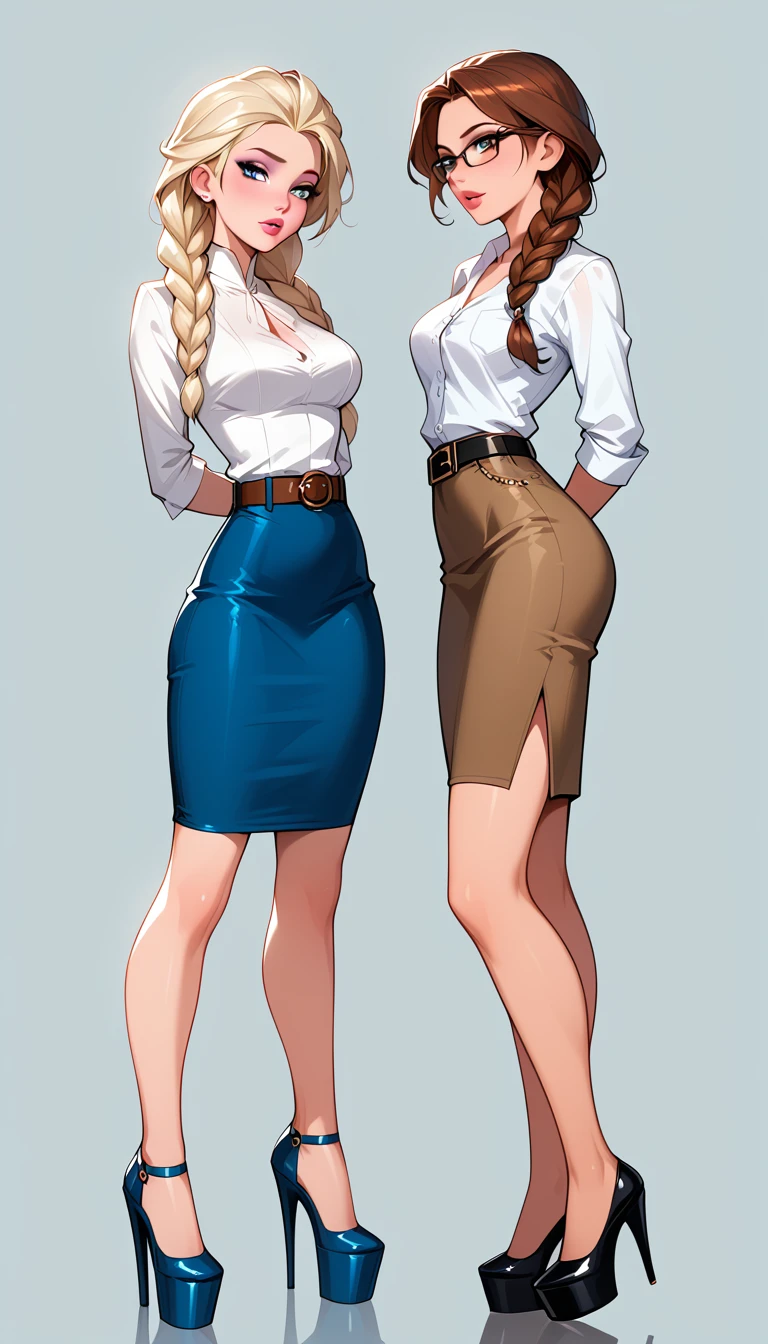 score_9, score_8_up, score_7_up, 2girls, duo, (Anna, brown hair, braided pigtails, wearing tight pencil skirt, belt, blouse, spectacles, platform heels:1.3) and (Elsa, blonde, braid, wearing tight pencil skirt, belt, blouse, spectacles, platform heels:1.2), flirt, gaze, sexy look, half-closed eyes, head tilt, filled lips, thick lips, makeup, side view, (full bodies in view) expressiveh d4rk01l, perfect hands, perfect proportions, simple background. shibari, bound arms, arms behind back, legs apart