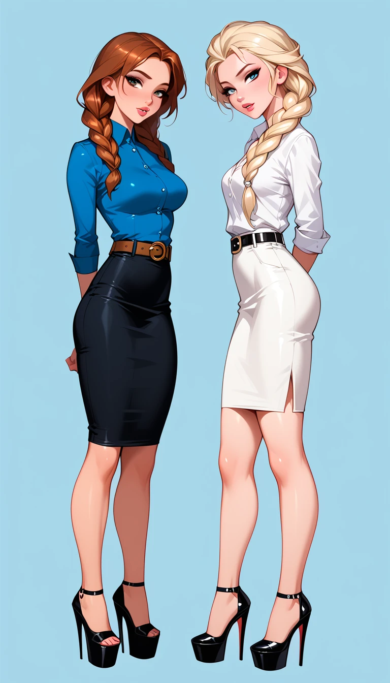 score_9, score_8_up, score_7_up, 2girls, duo, (Anna, brown hair, braided pigtails, wearing tight pencil skirt, belt, blouse, spectacles, platform heels:1.3) and (Elsa, blonde, braid, wearing tight pencil skirt, belt, blouse, spectacles, platform heels:1.2), flirt, gaze, sexy look, half-closed eyes, head tilt, filled lips, thick lips, makeup, side view, (full bodies in view) expressiveh d4rk01l, perfect hands, perfect proportions, simple background. shibari, bound arms, arms behind back, legs apart