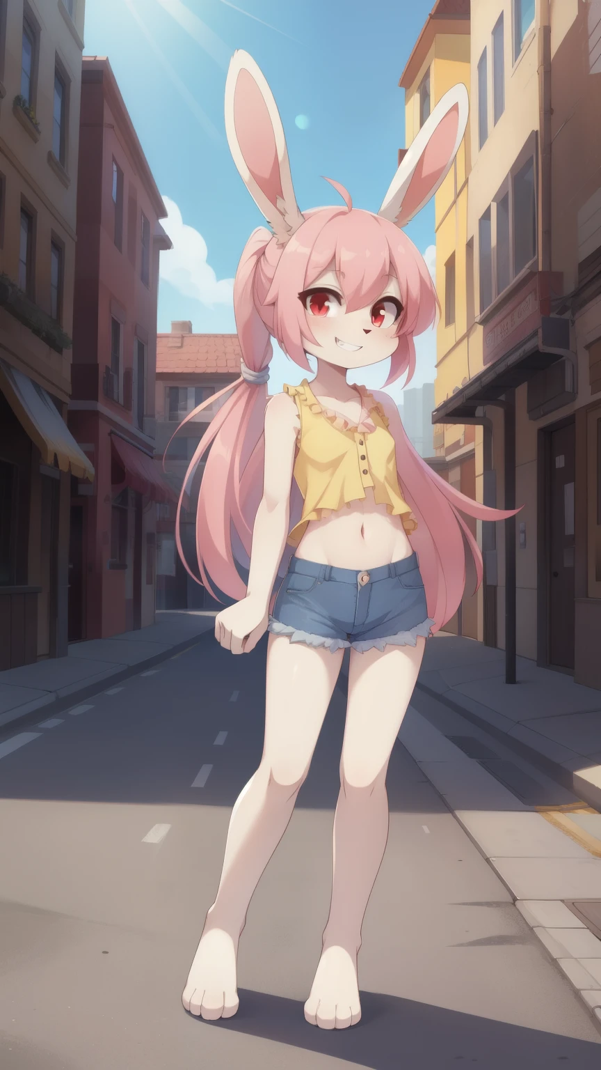 Score_9,score_8_up,score_7_up, source_cartoon, source_furry, furry girl, rabbit, pink hair, long bangs, hair over one eye, messy hairstyle, long ponytail, anime style, flat chest, small breasts, red eyes, ((yellow frilly shirt, sleeveless, single button fastened, navel, denim shorts)), high quality, detailed body, detailed eyes, detailed face, masterpiece, glistening body, detailed body fur, best quality, one tone body fur, white body fur, skinny, rabbit ears, looking at you, perfect lighting, perfect shadows, perfect eyes, perfect hair, perfect face, gorgeous body, skinny, full body, feets with three toes, solo, evil grin, street, clear sky,