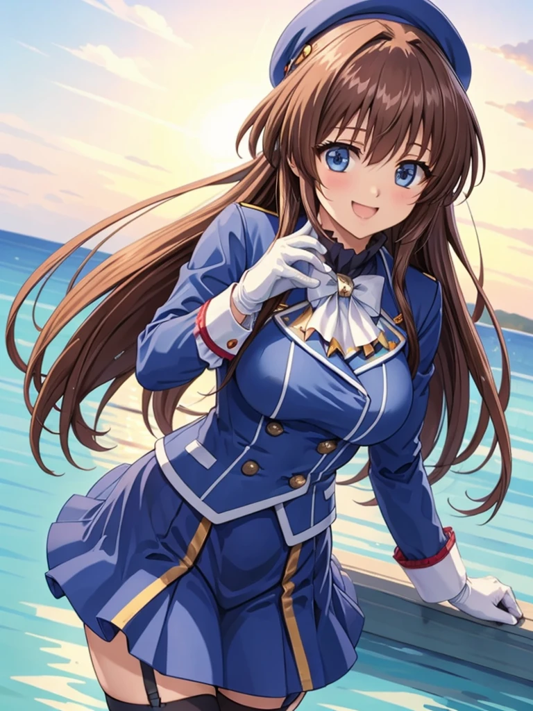 ((Please redeem, High resolution, Pixel perfect, 4K)), (Beautiful Anime Girls), Depth of written boundary, kanzaki_aoi, blue eyes, long hair, Brown Hair, BREAK, (Kantai Collection, beret, jacket, blue jacket, Long sleeve, gloves, Blue Skirt, thighhighs, Garter Straps), smile、Open your mouth、 On the Sea、 Dynamic pose,