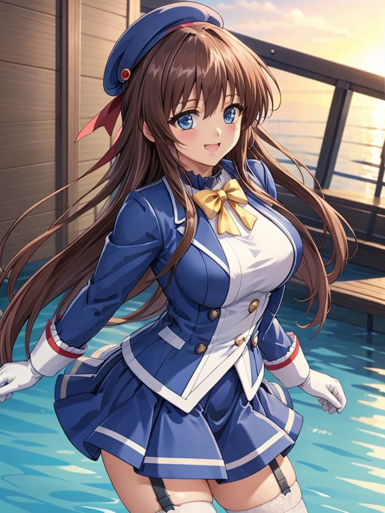 ((Please redeem, High resolution, Pixel perfect, 4K)), (Beautiful Anime Girls), Depth of written boundary, kanzaki_aoi, blue eyes, long hair, Brown Hair, BREAK, (Kantai Collection, beret, jacket, blue jacket, Long sleeve, gloves, Blue Skirt, thighhighs, Garter Straps), smile、Open your mouth、 On the Sea、 Dynamic pose,